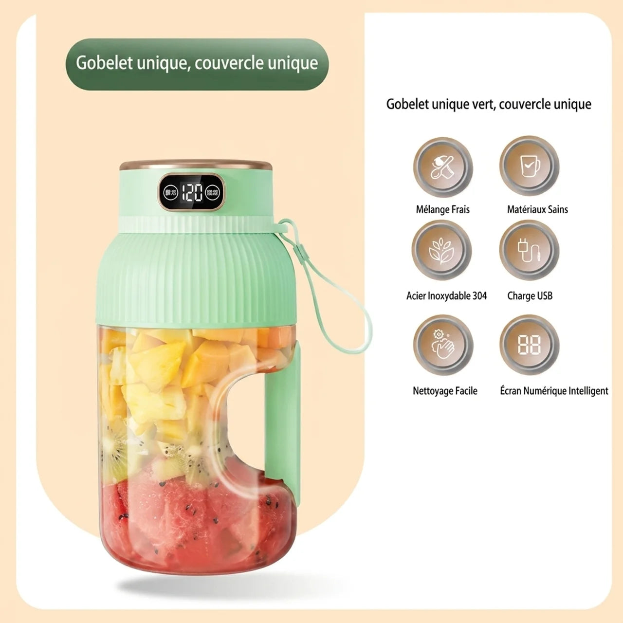 Blender Portable Grande Capacité Gourde pour Smoothie Écran Digital