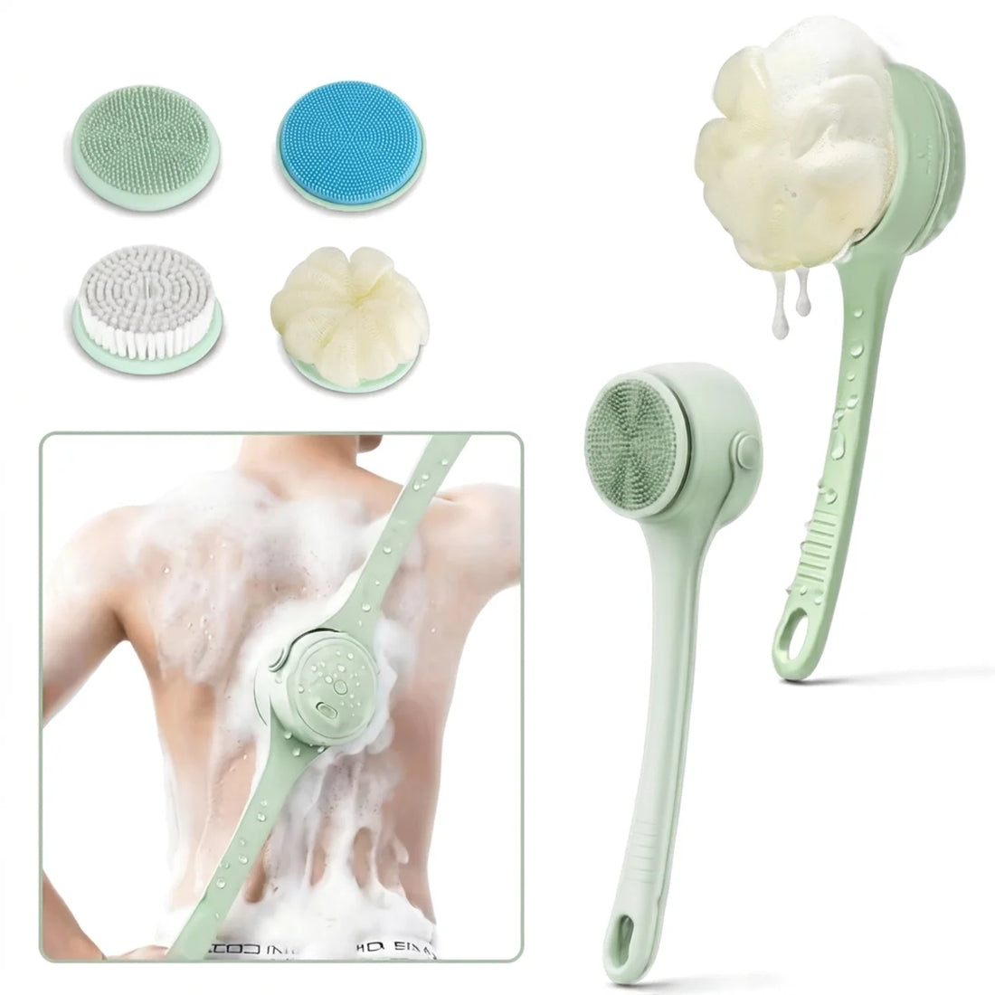 Brosse de Bain Électrique 4 en 1 Rechargeable Double Poignée avec Brosse de Dos Rotative