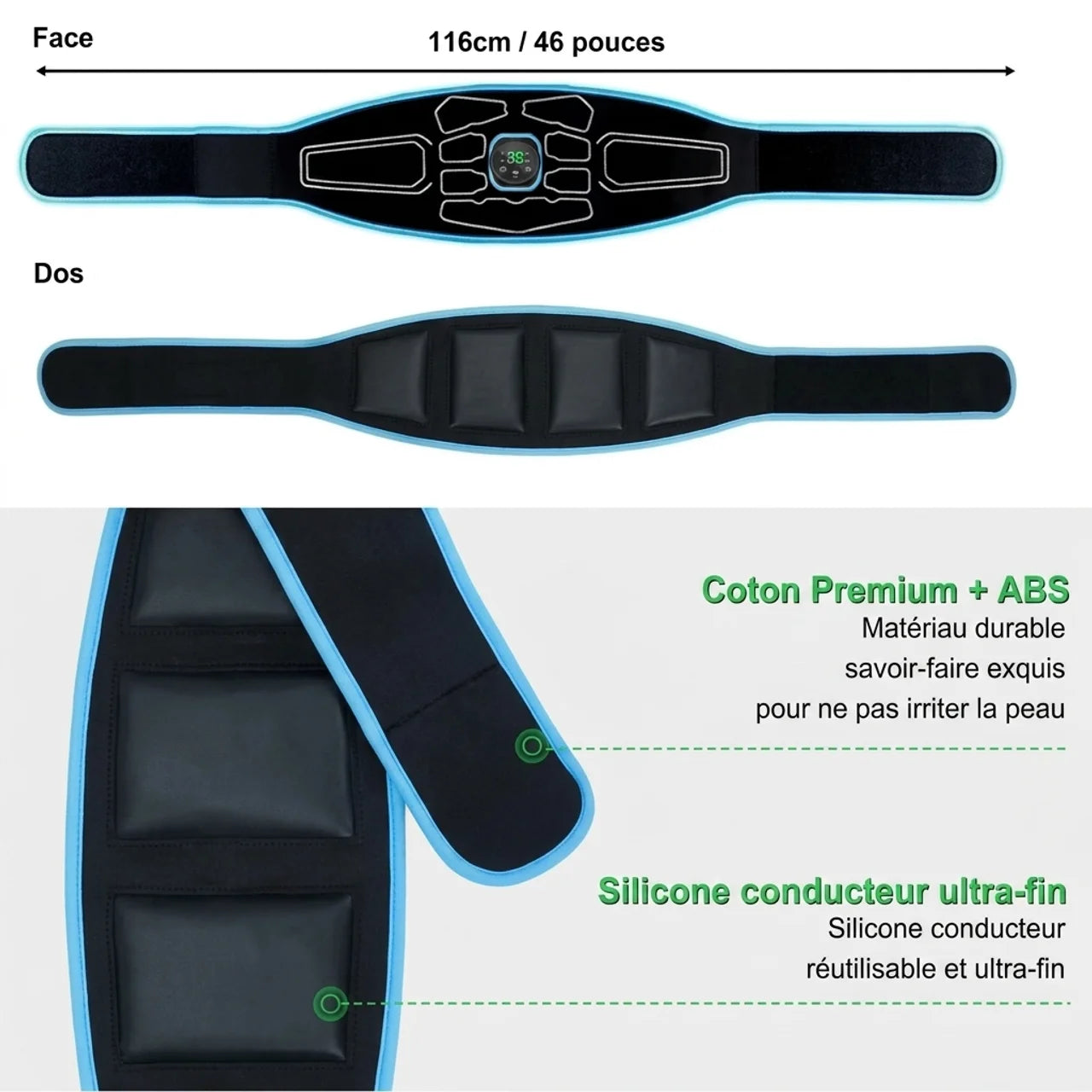 Ceinture Abdominale EMS Rechargeable 10 Modes 39 Intensités Sans Gel