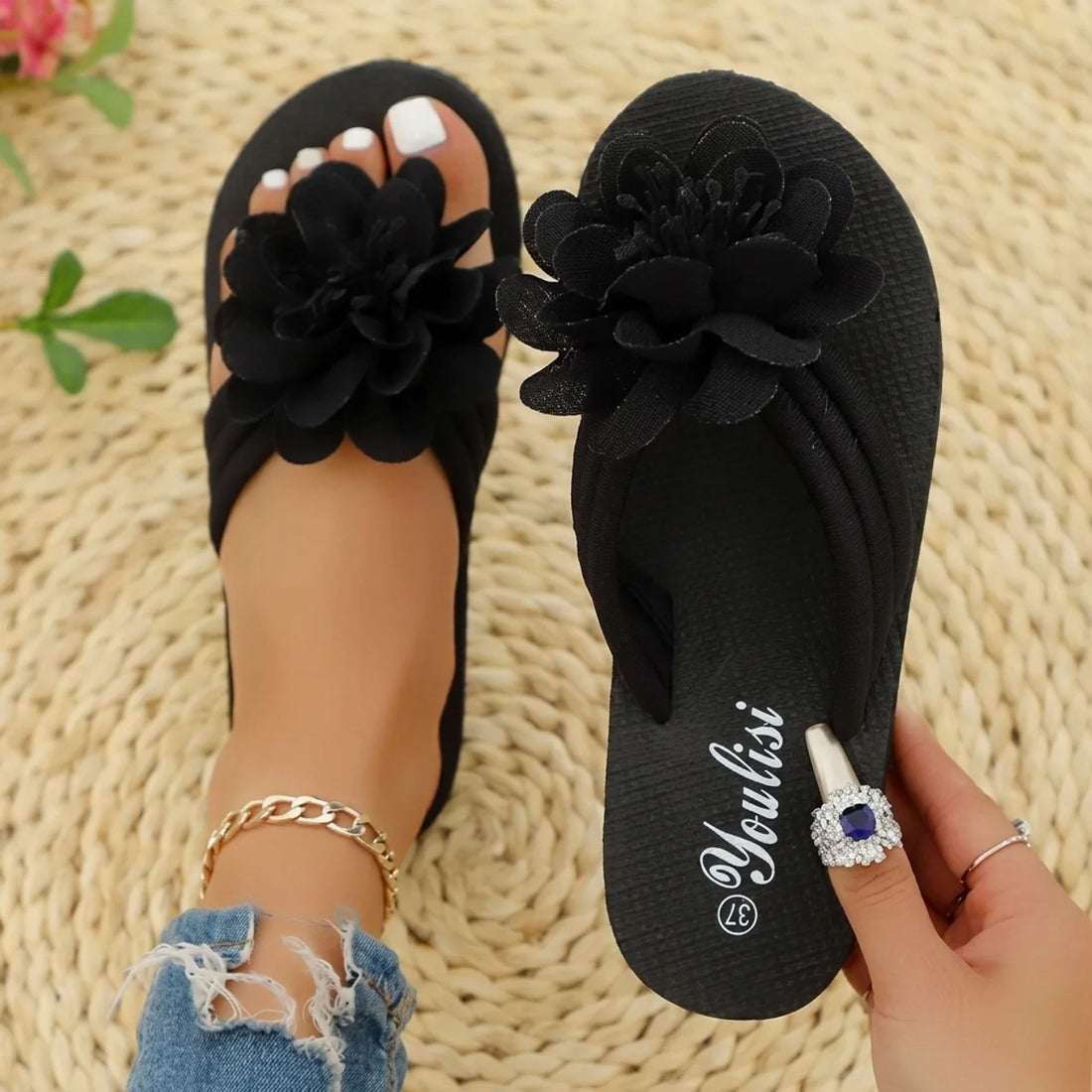 Tongs à Fleur Femme Youlisi Claquettes de Plage Grande Fleur en Relief