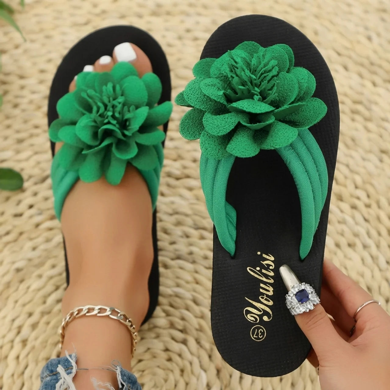 Tongs à Fleur Femme Youlisi Claquettes de Plage Grande Fleur en Relief