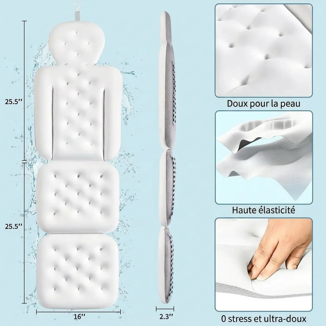 Coussin Bain Intégral Luxe 130 cm Matelas Spa Ergonomique avec Appui-Tête