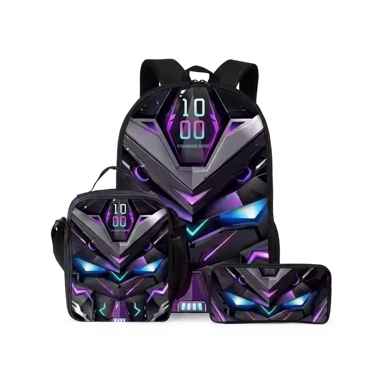 Ensemble 3 Pièces Sac à Dos Robot Mécanique 3D Sac d'École Sac Repas & Trousse