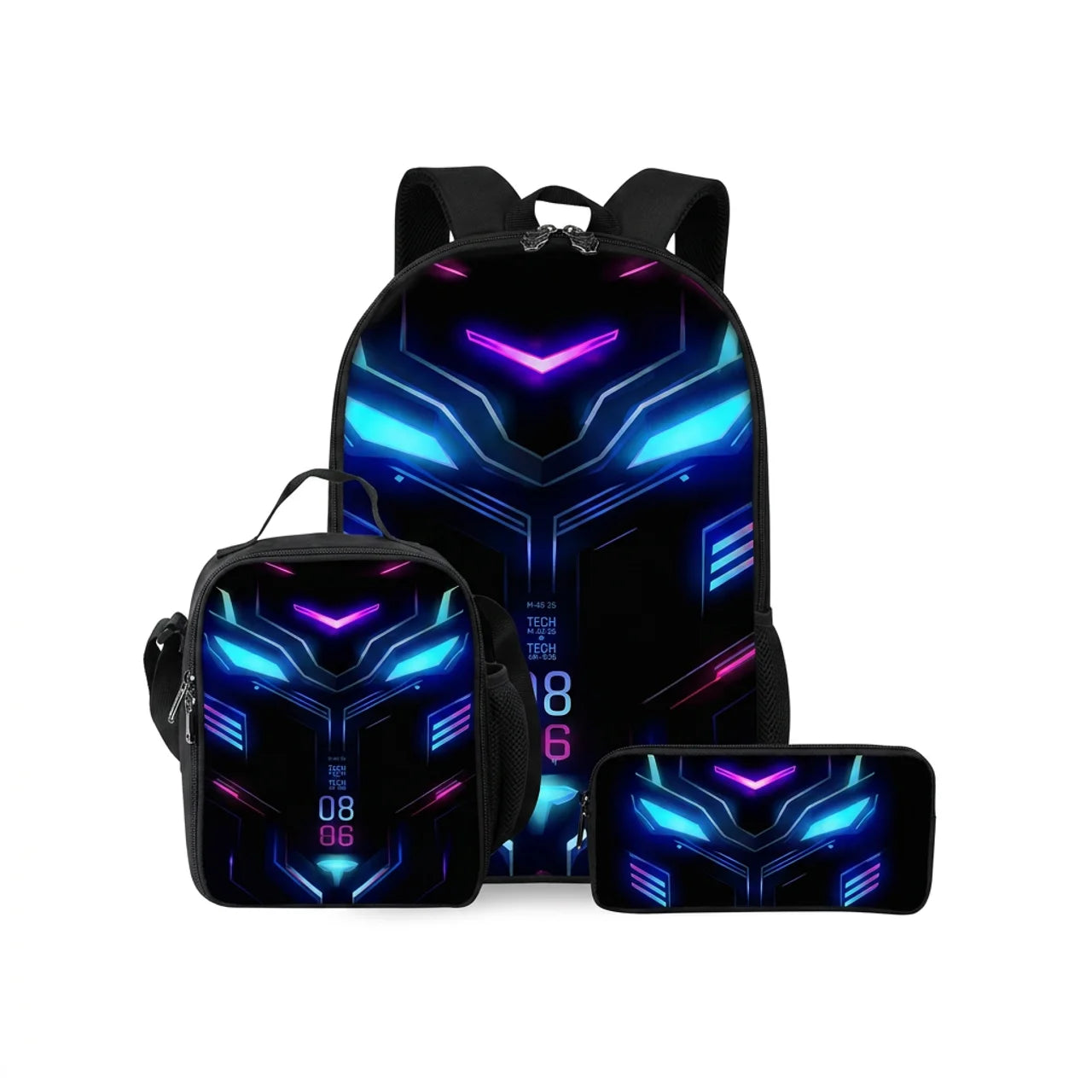 Ensemble 3 Pièces Sac à Dos Robot Mécanique 3D Sac d'École Sac Repas & Trousse