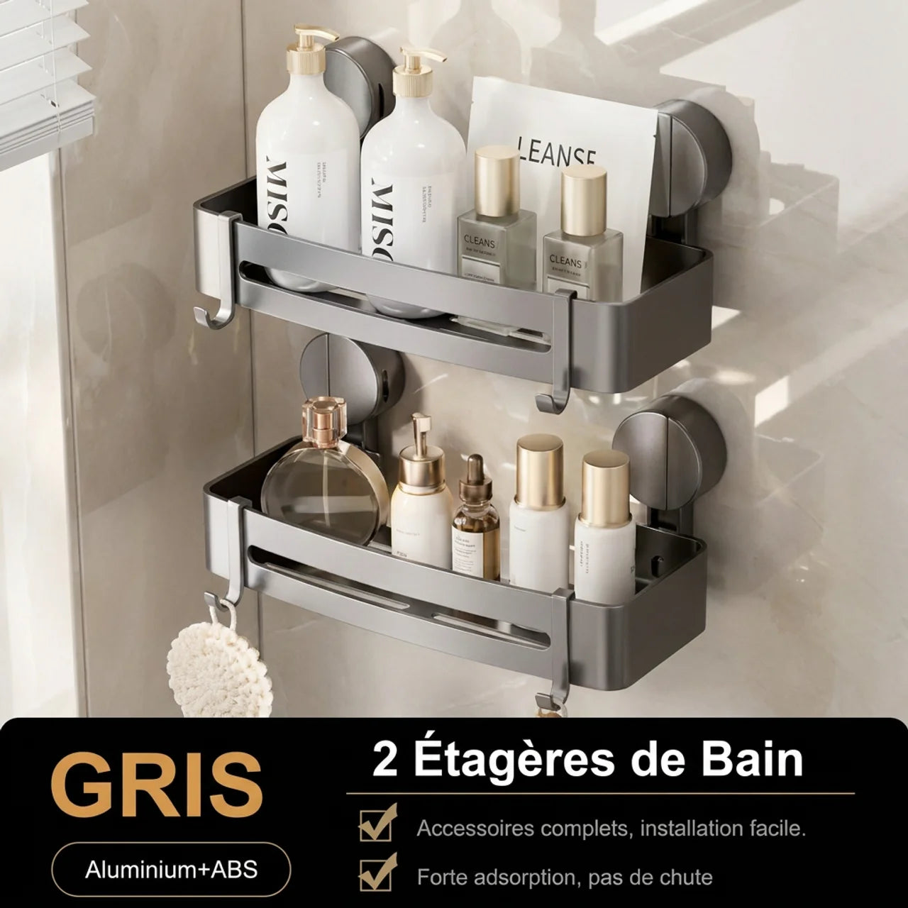 Étagère de Douche Sans Perçage avec Ventouses Ultra Puissantes