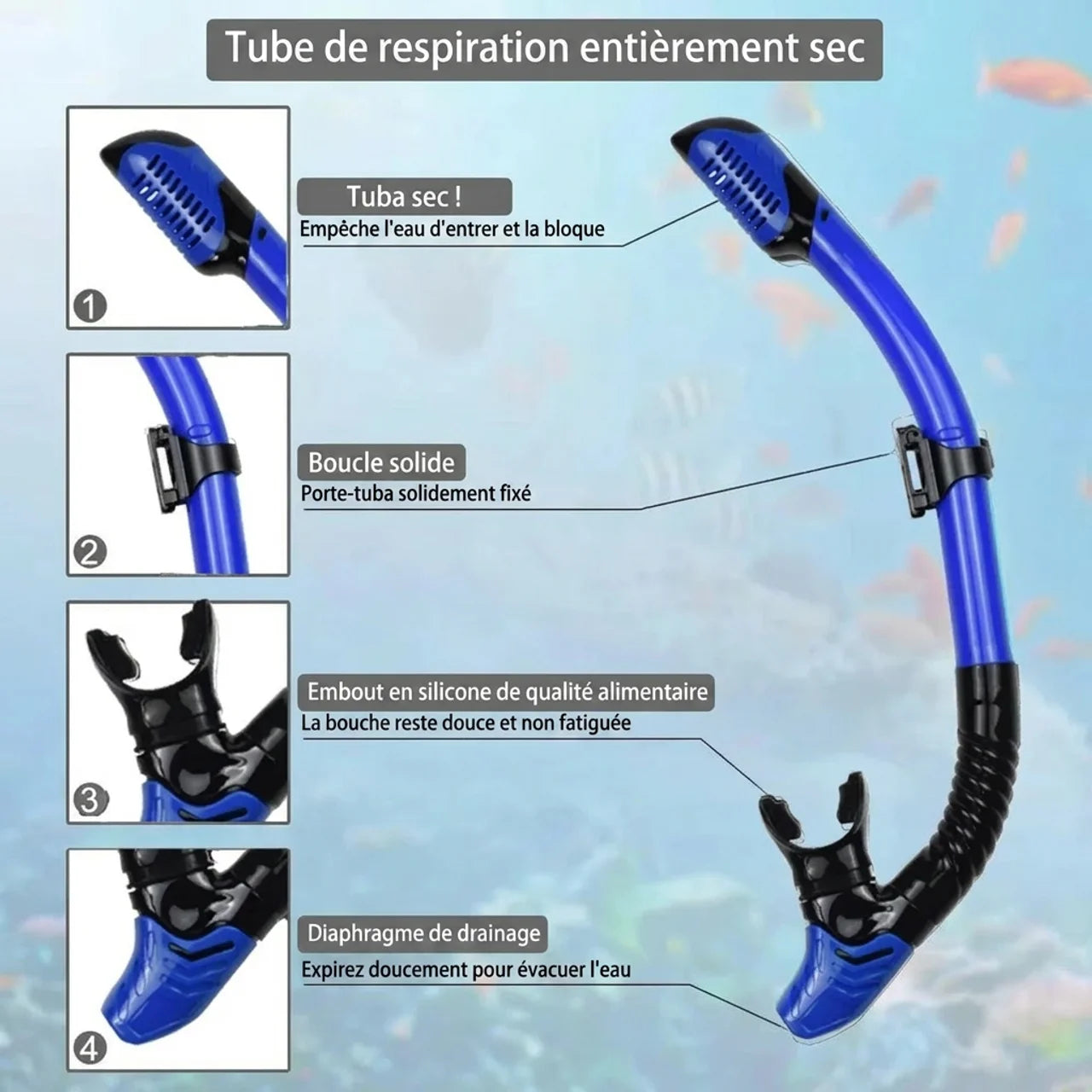 Kit de Snorkeling Adulte Masque Panoramique Tuba Dry Top & Palmes Réglables