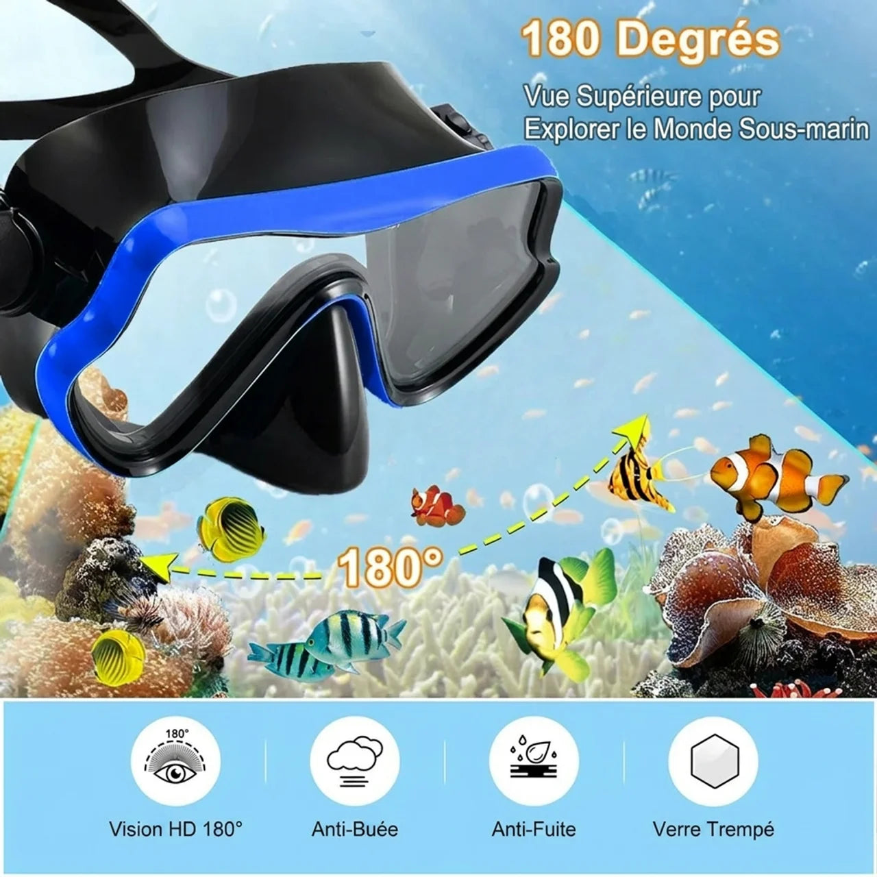 Kit de Snorkeling Adulte Masque Panoramique Tuba Dry Top & Palmes Réglables