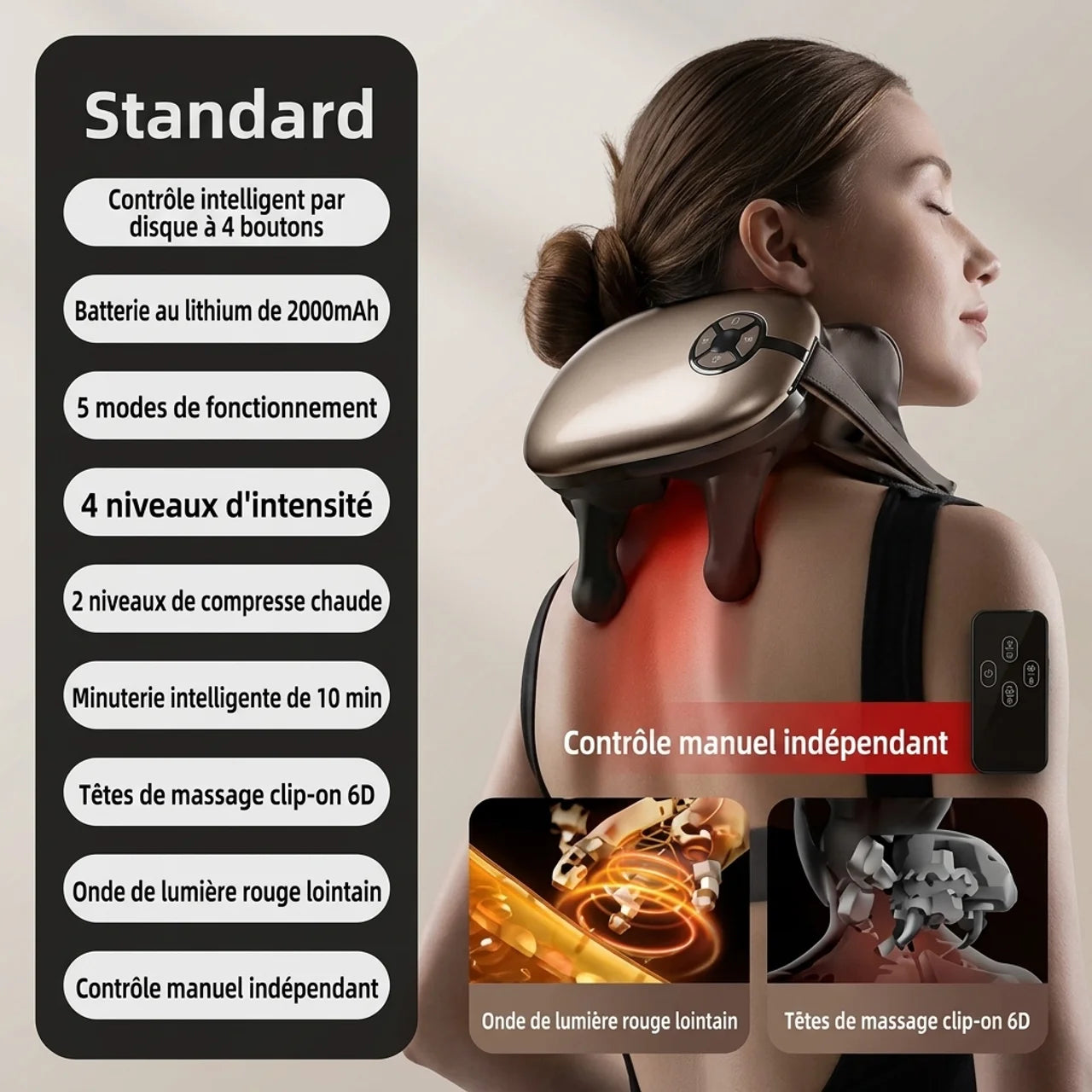 Masseur Cou et Épaules Électrique Appareil de Massage Cervical Chauffant 6D