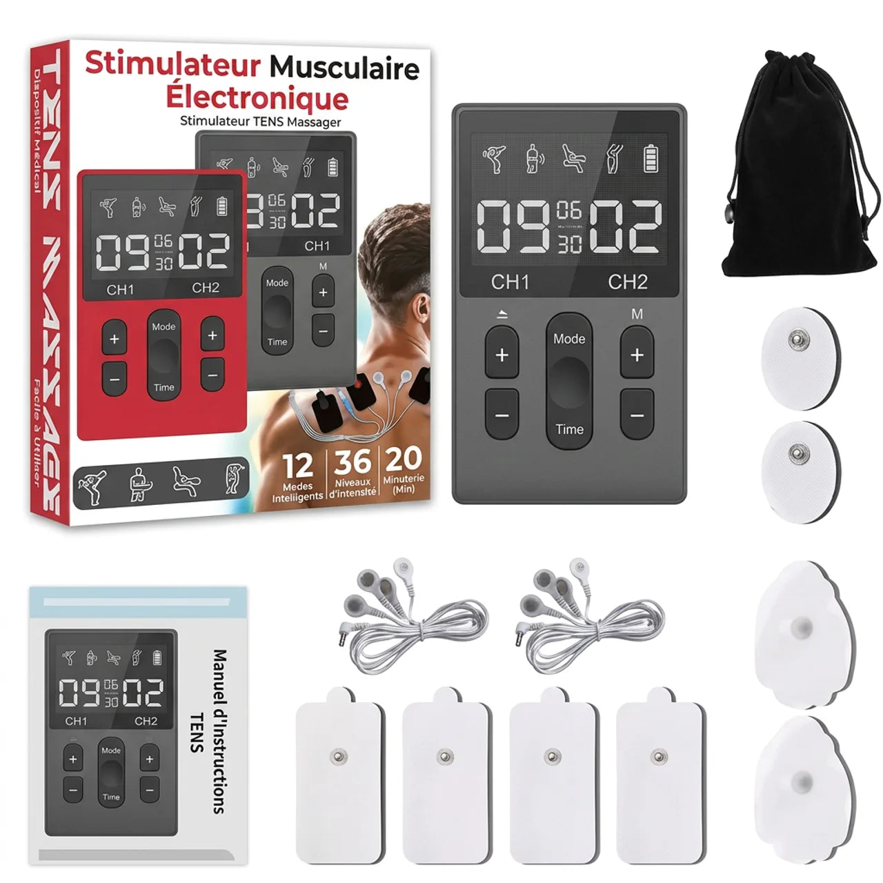 Appareil TENS EMS Électrostimulation Stimulateur Musculaire Électrique Rechargeable