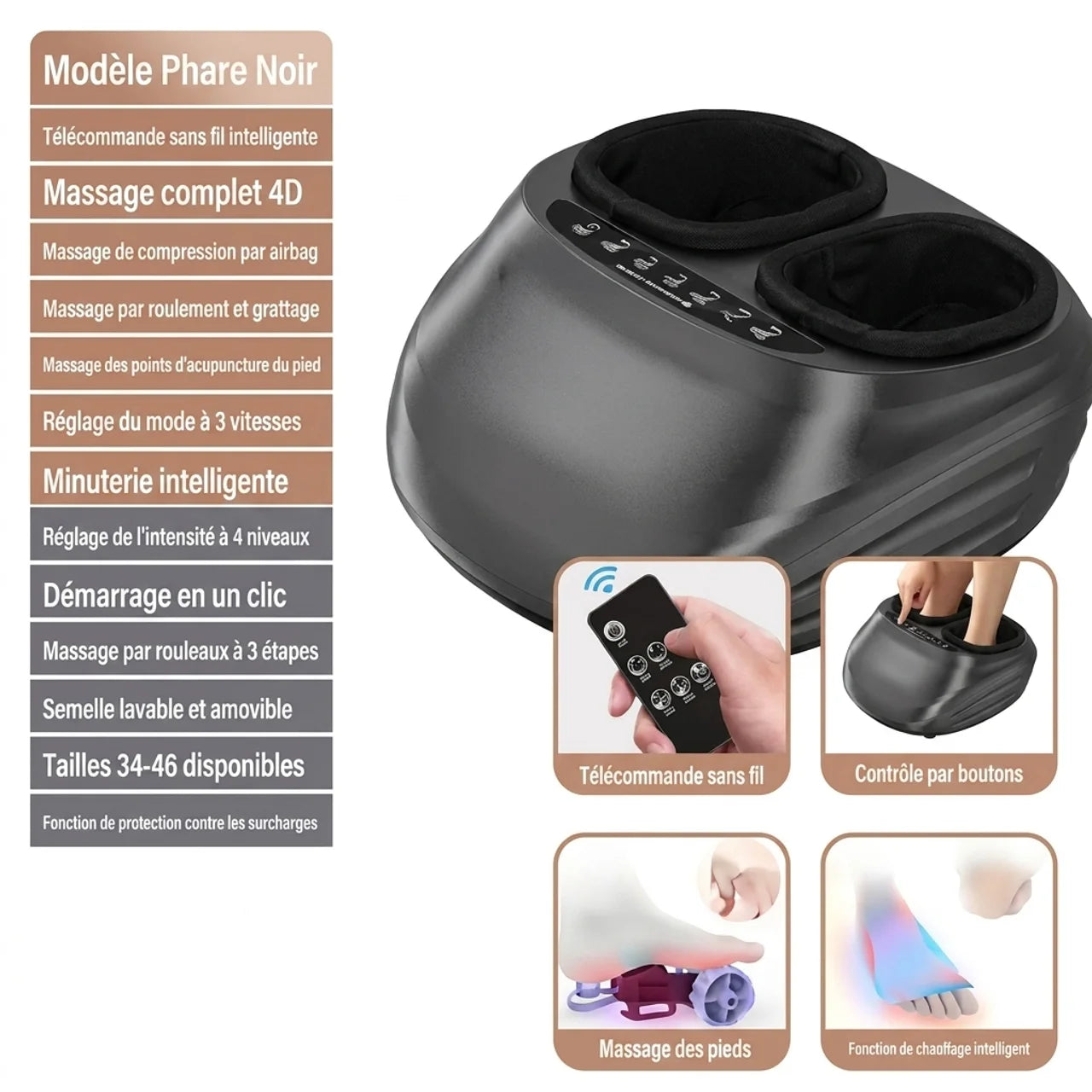 Masseur de Pieds Électrique Chauffant avec Compression & Rouleaux Plantaires
