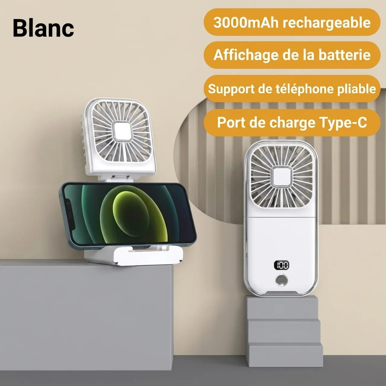 Mini Ventilateur Pliable 3 en 1 USB Portable Tour de Cou & Support Téléphone