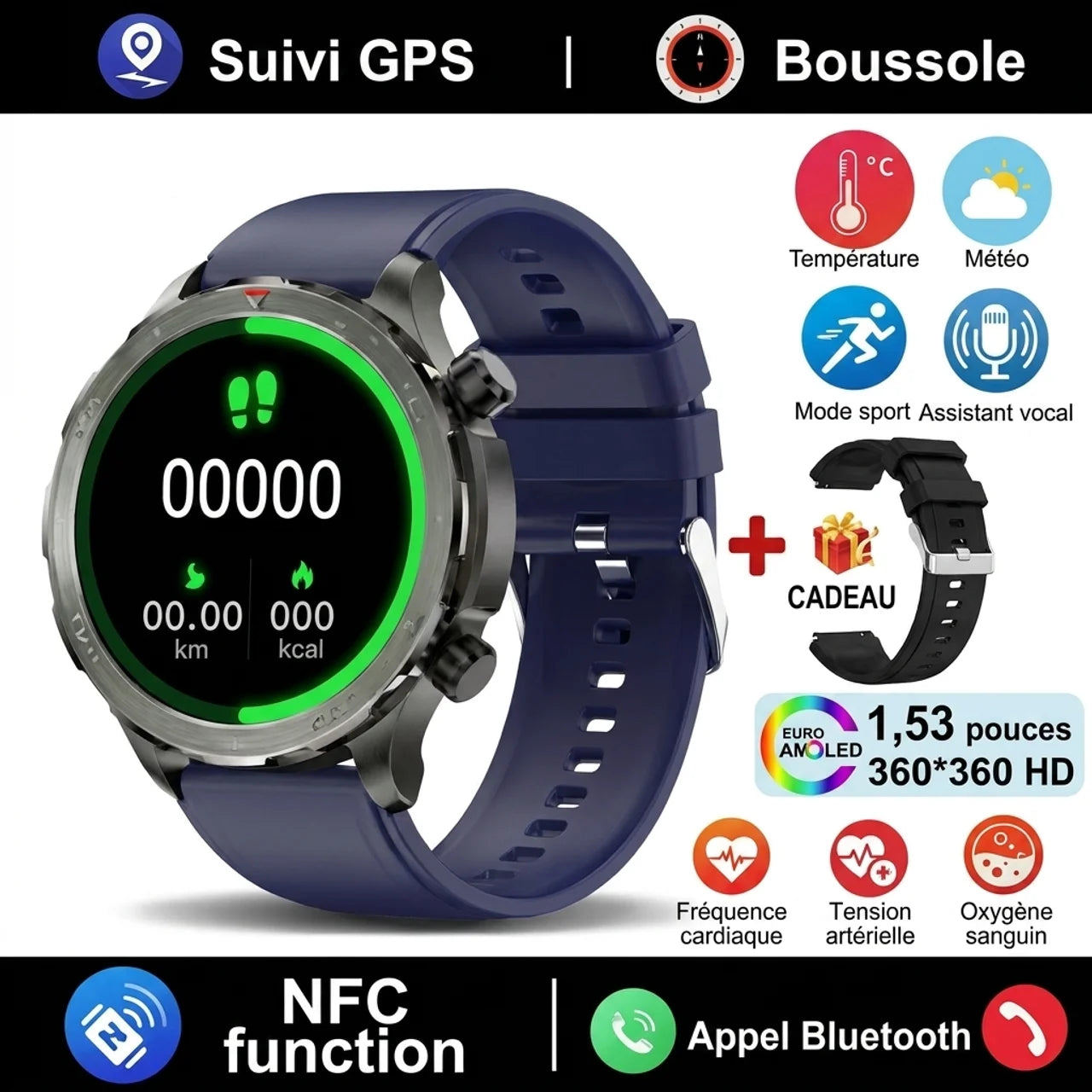Montre NFC Connectée Homme GPS et Boussole Smartwatch Sport Écran Baromètre d'Altitude