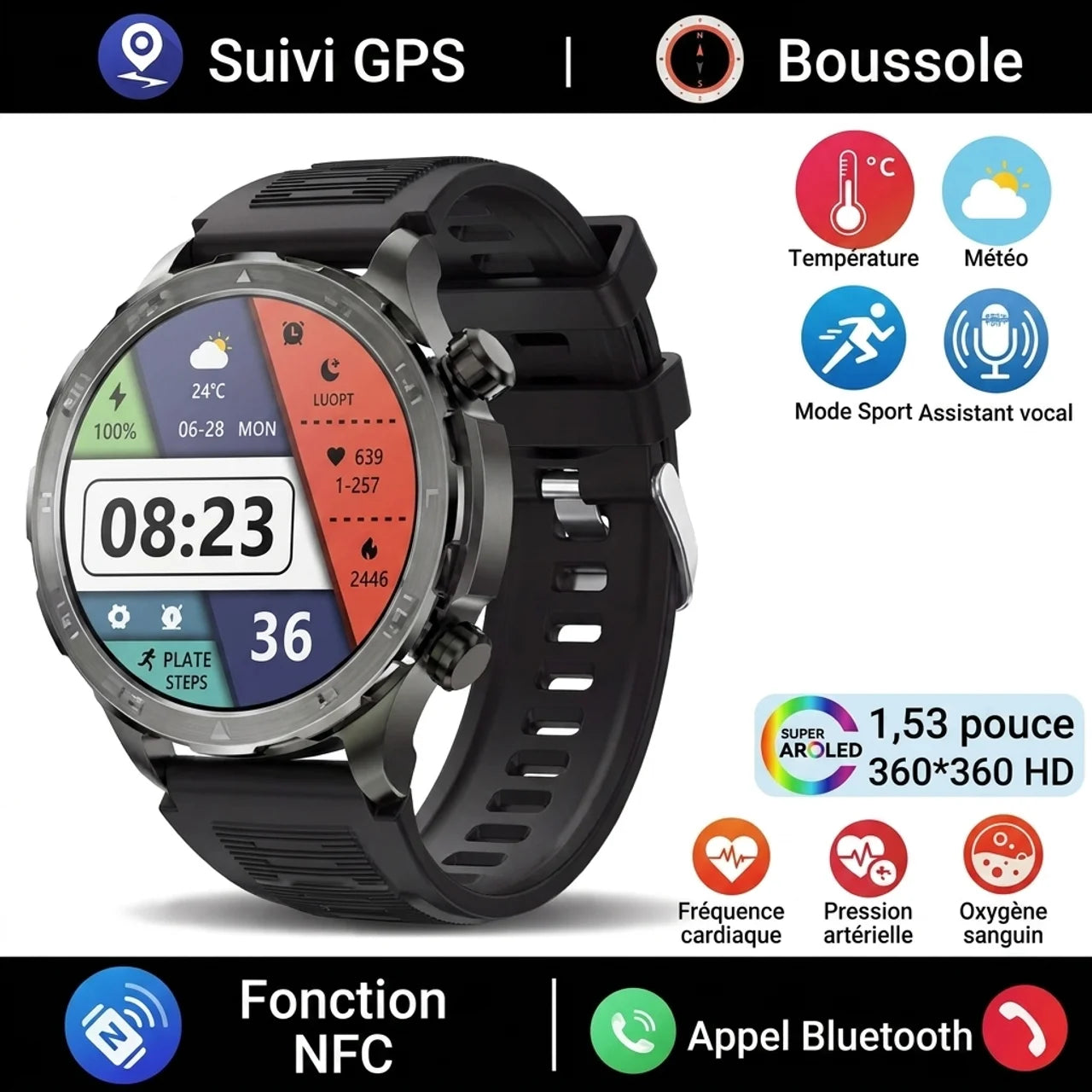 Montre NFC Connectée Homme GPS et Boussole Smartwatch Sport Écran Baromètre d'Altitude