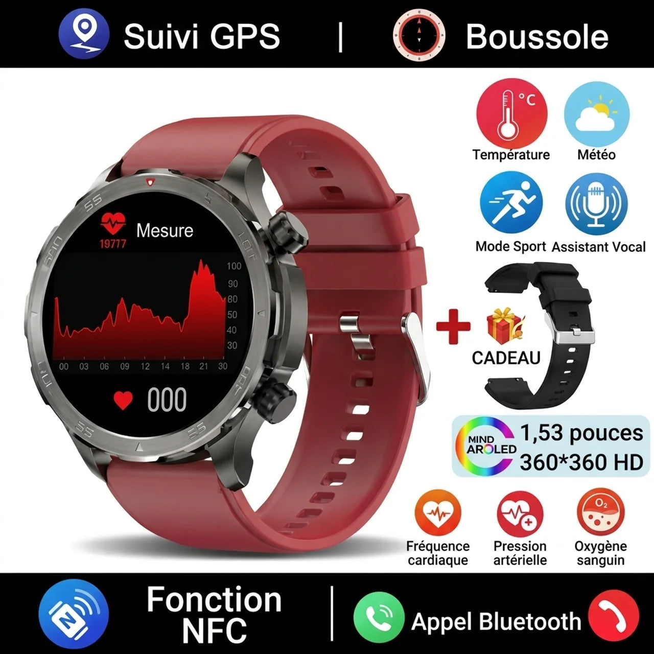 Montre NFC Connectée Homme GPS et Boussole Smartwatch Sport Écran Baromètre d'Altitude