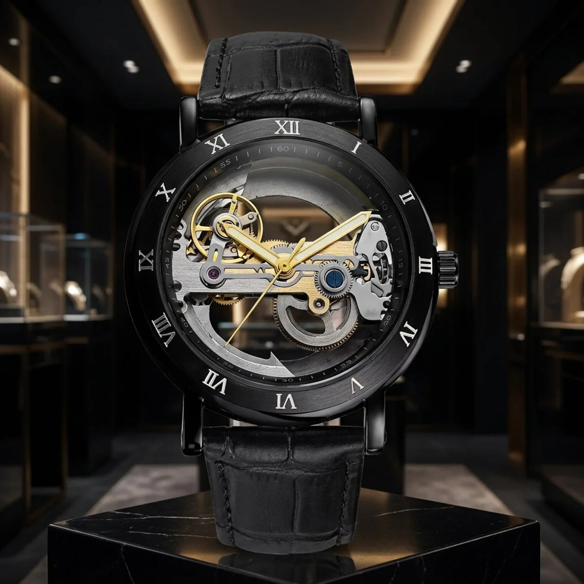 Montre Mécanique Squelette Homme Mouvement Apparent & Bracelet Élégant