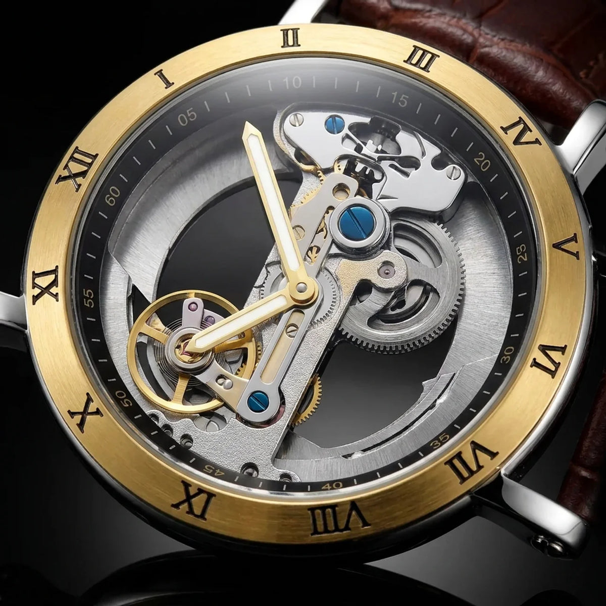 Montre Mécanique Squelette Homme Mouvement Apparent & Bracelet Élégant