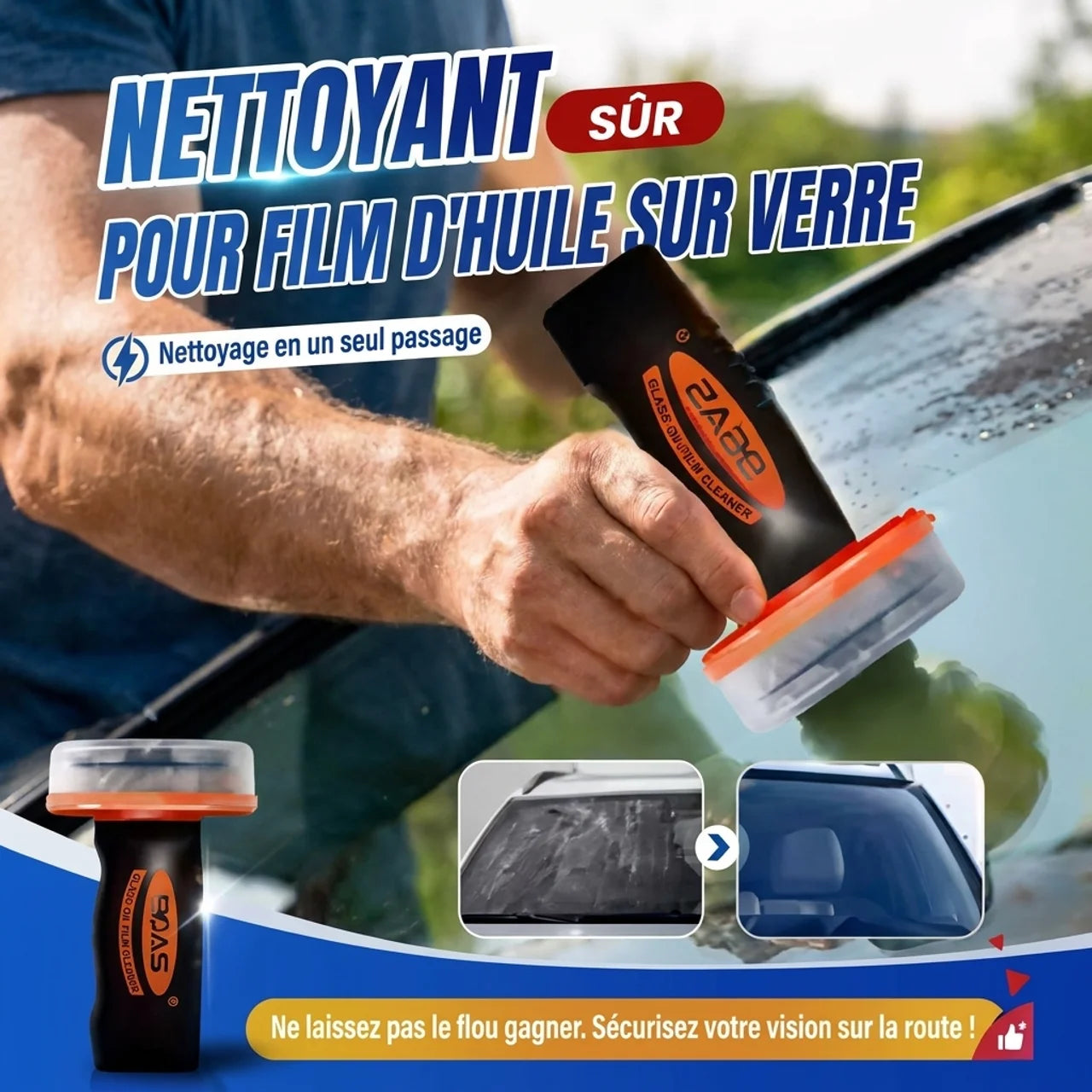 Nettoyant Vitres Auto Anti-Film Gras Éponge Applicatrice Intégrée pour Pare-Brise & Miroirs