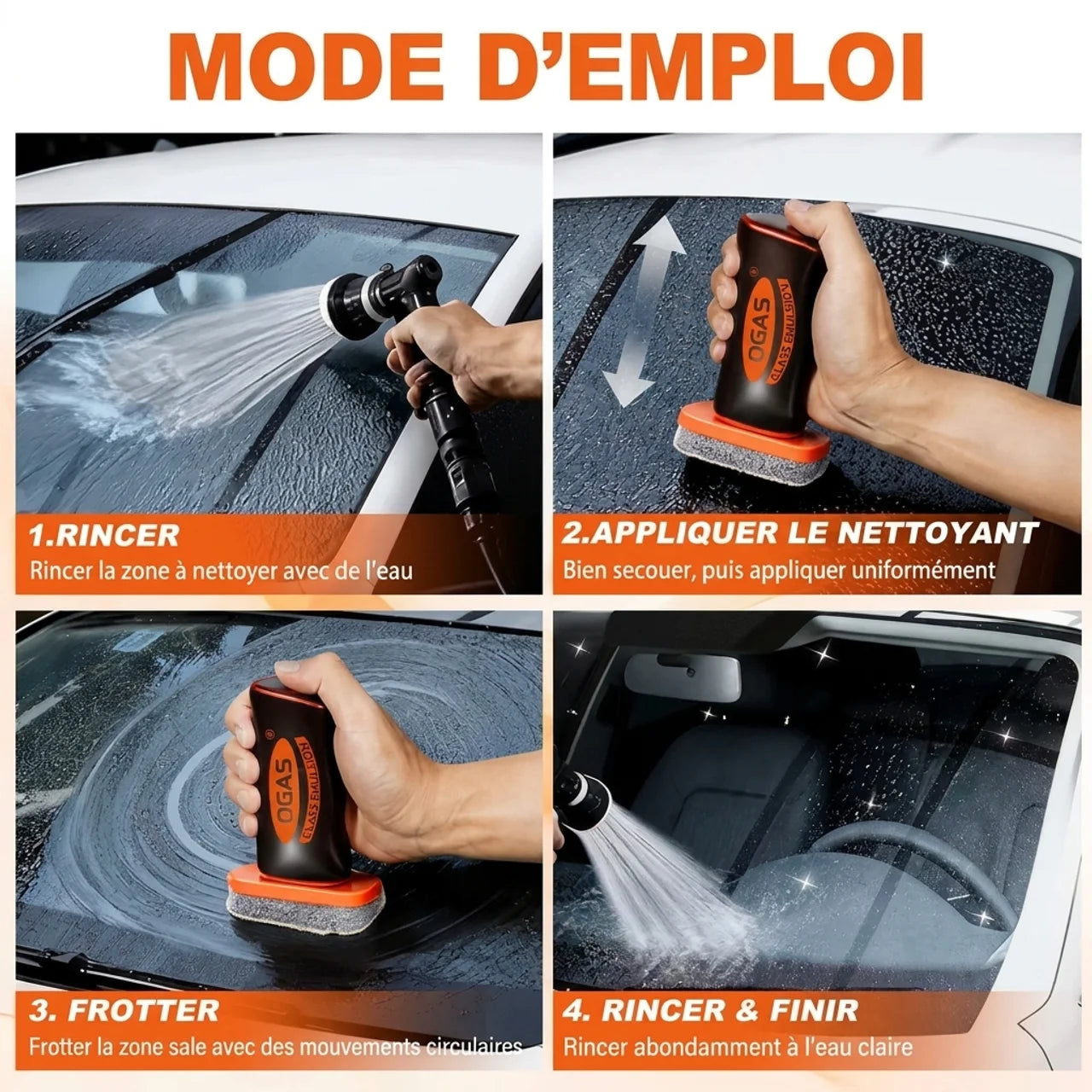 Nettoyant Vitres Auto Anti-Film Gras Éponge Applicatrice Intégrée pour Pare-Brise & Miroirs