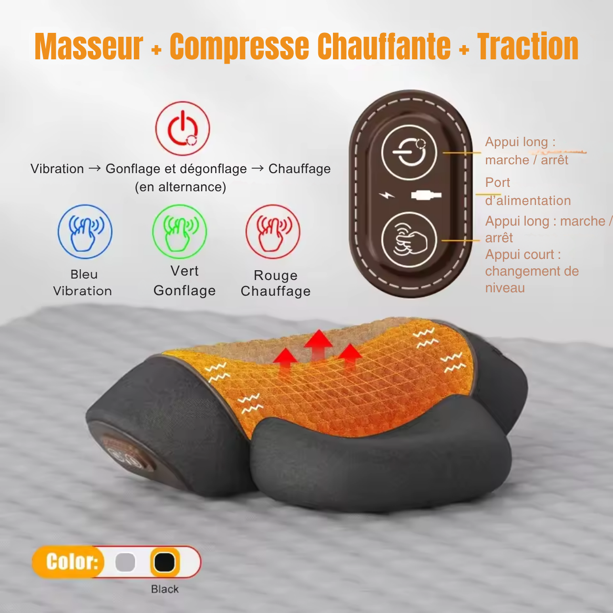 Oreiller de Massage Cervical Chauffant 3D