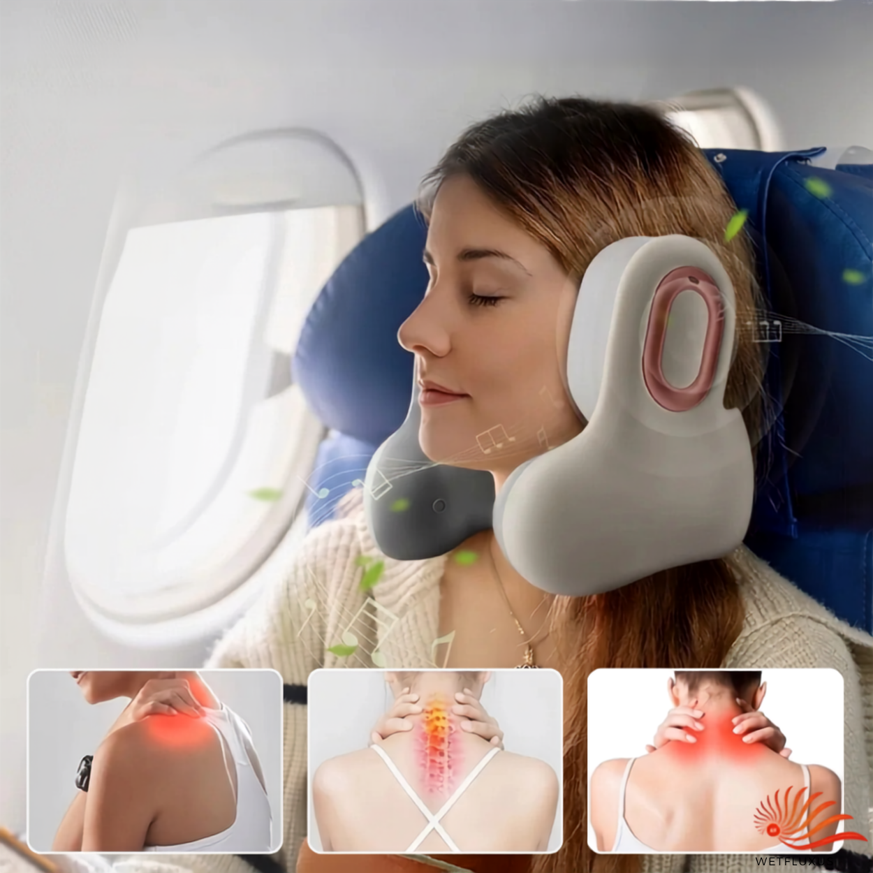 Oreiller de Voyage Cervical 3-en-1 avec Masseur Chauffant et Casque Bluetooth Anti-Bruit
