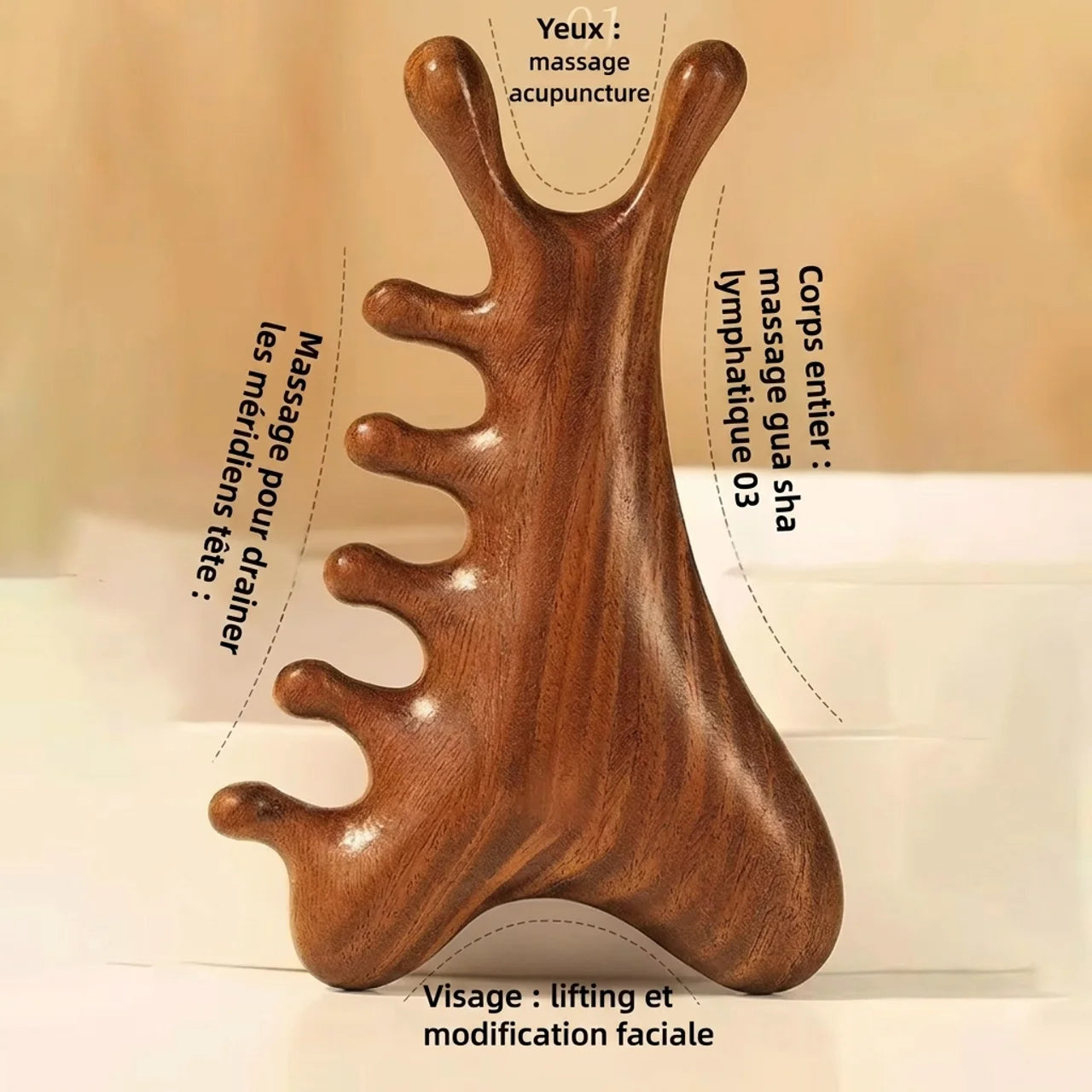 Peigne de Massage en Bois de Santal 4-en-1 – Visage Cuir Chevelu Cou et Corps