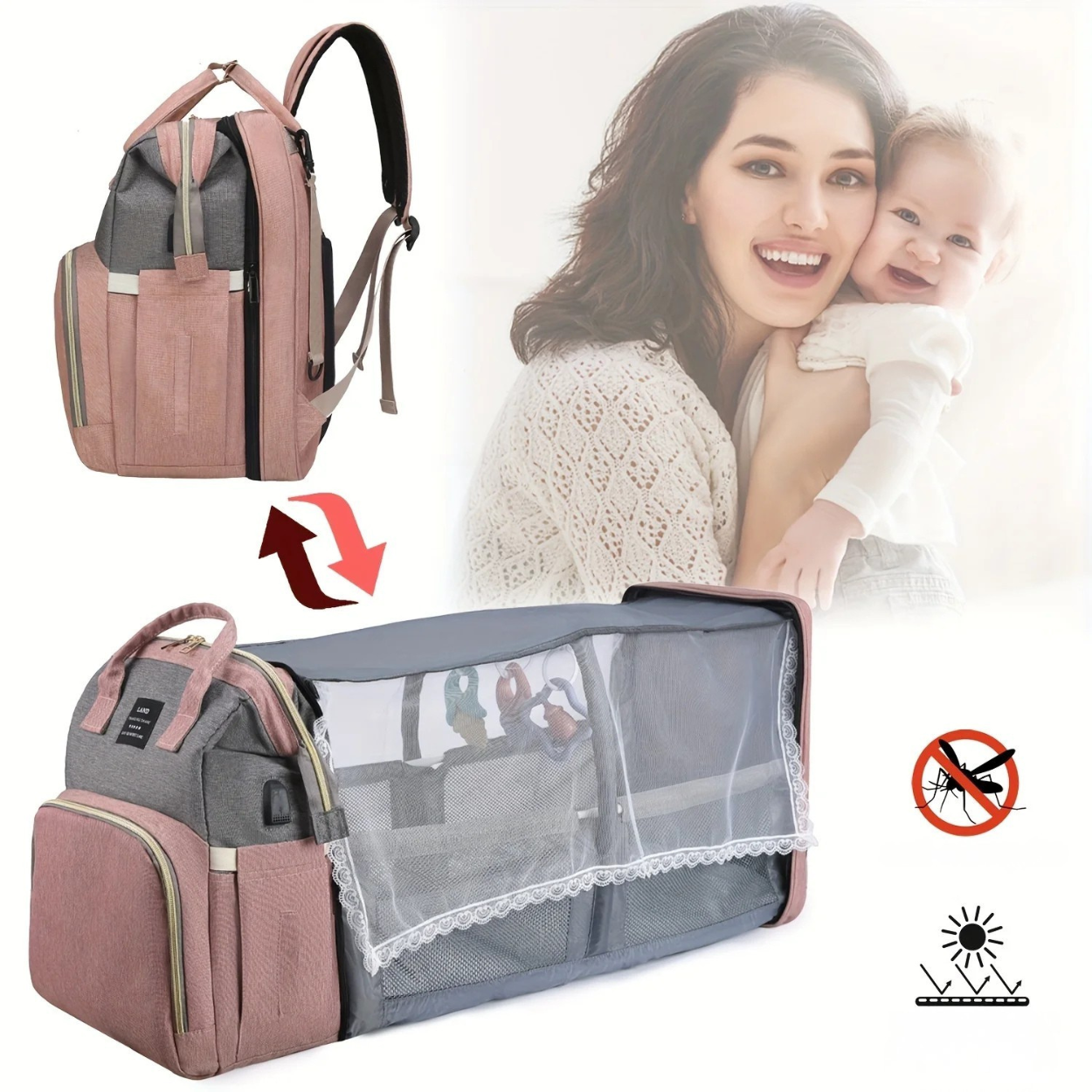 Sac à Langer Multifonction 3-en-1 Avec Berceau Portable
