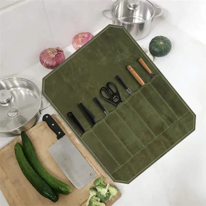 Sac Porte Couteaux en Toile Cirée Rangement Portable pour Couteaux de Chef