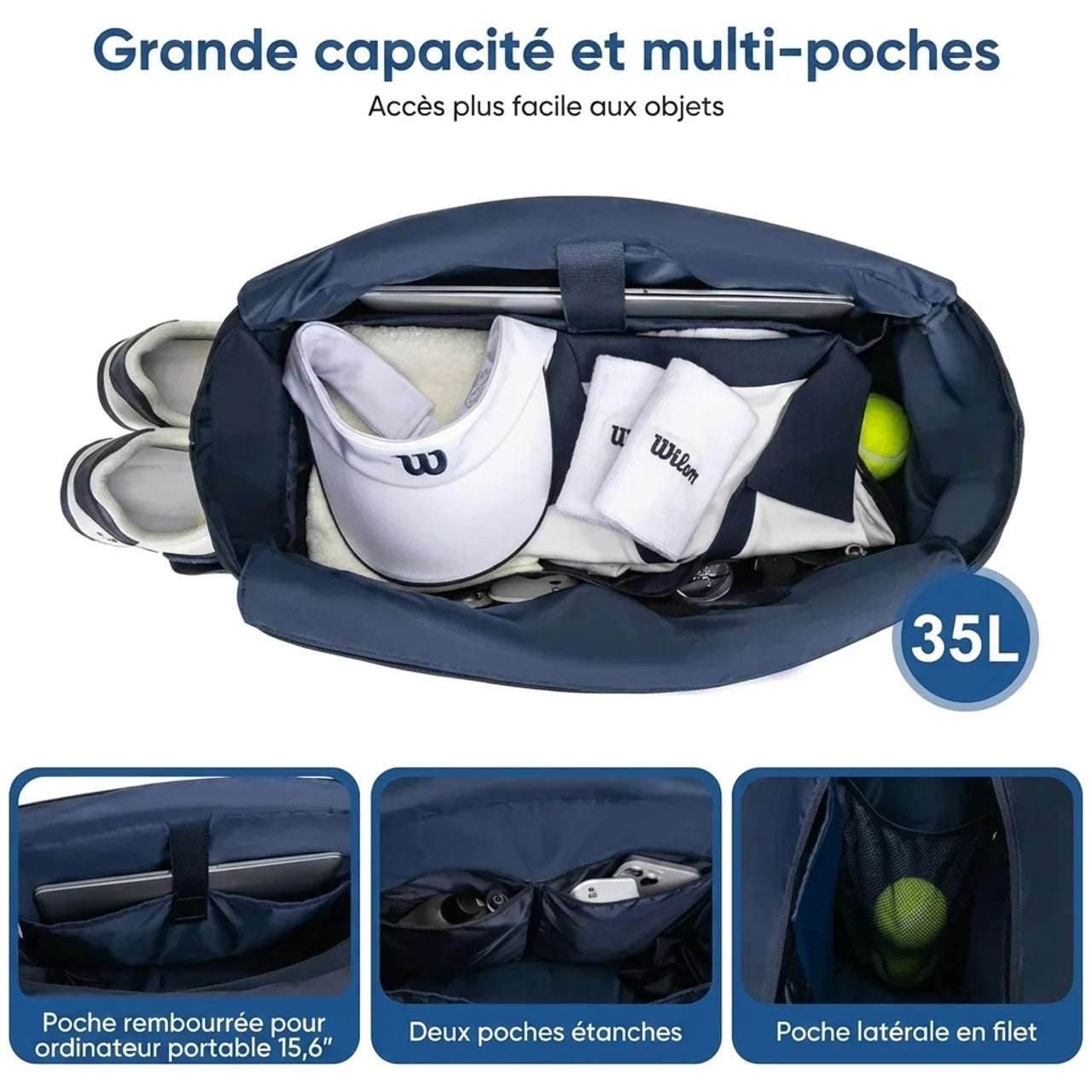 Sac de Tennis Imperméable avec Compartiment à Chaussures 2 à 4 Raquettes