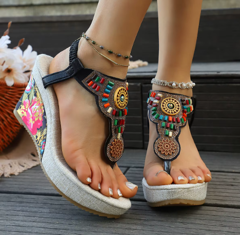 Sandales Compensées Femme Style Bohème avec Perles et Broderies Ethniques