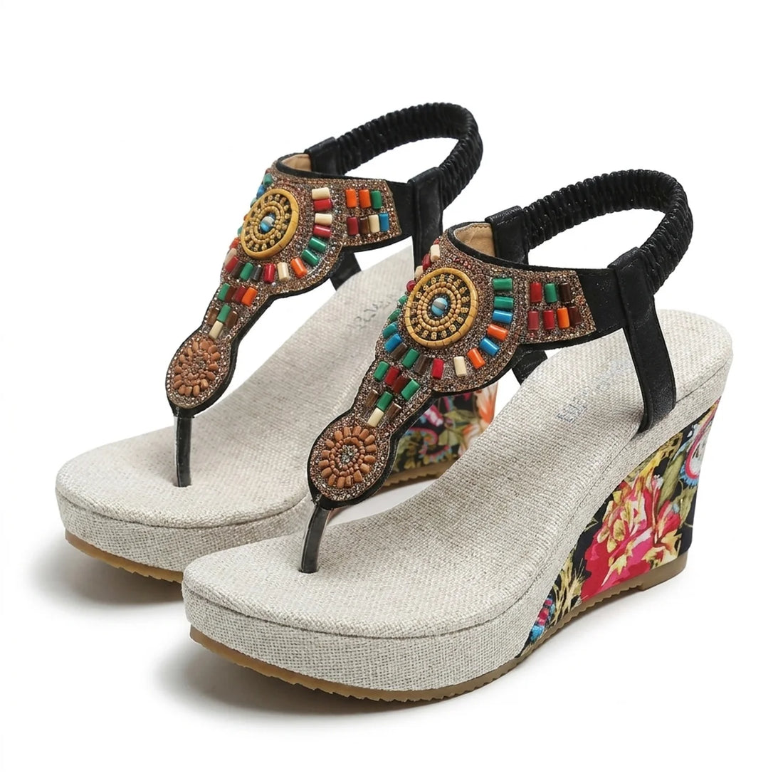 Sandales Compensées Femme Style Bohème avec Perles et Broderies Ethniques