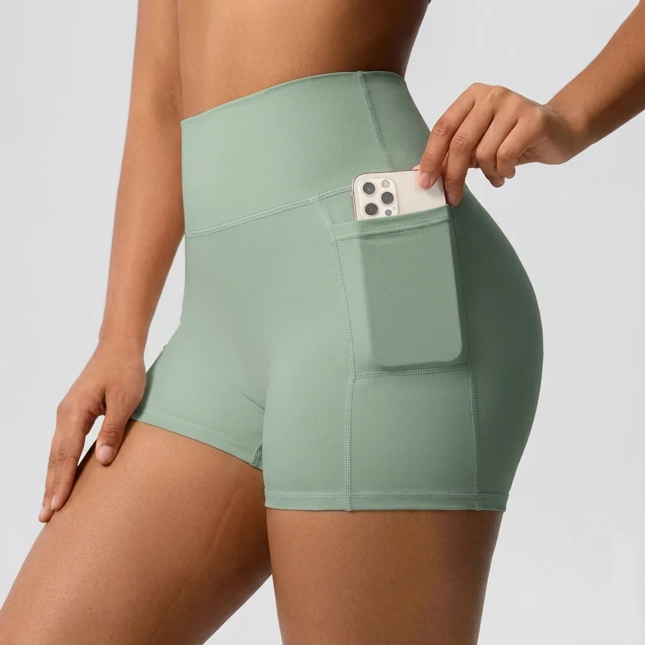 Short de Sport Compression Femme Taille Haute avec Poche