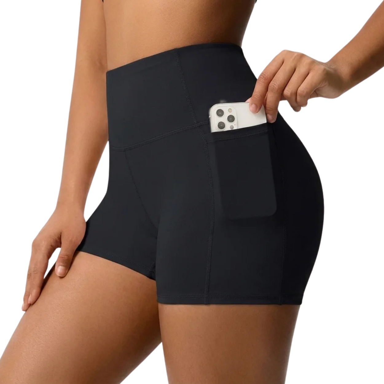 Short de Sport Compression Femme Taille Haute avec Poche