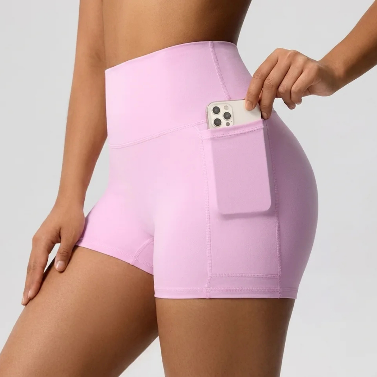 Short de Sport Compression Femme Taille Haute avec Poche