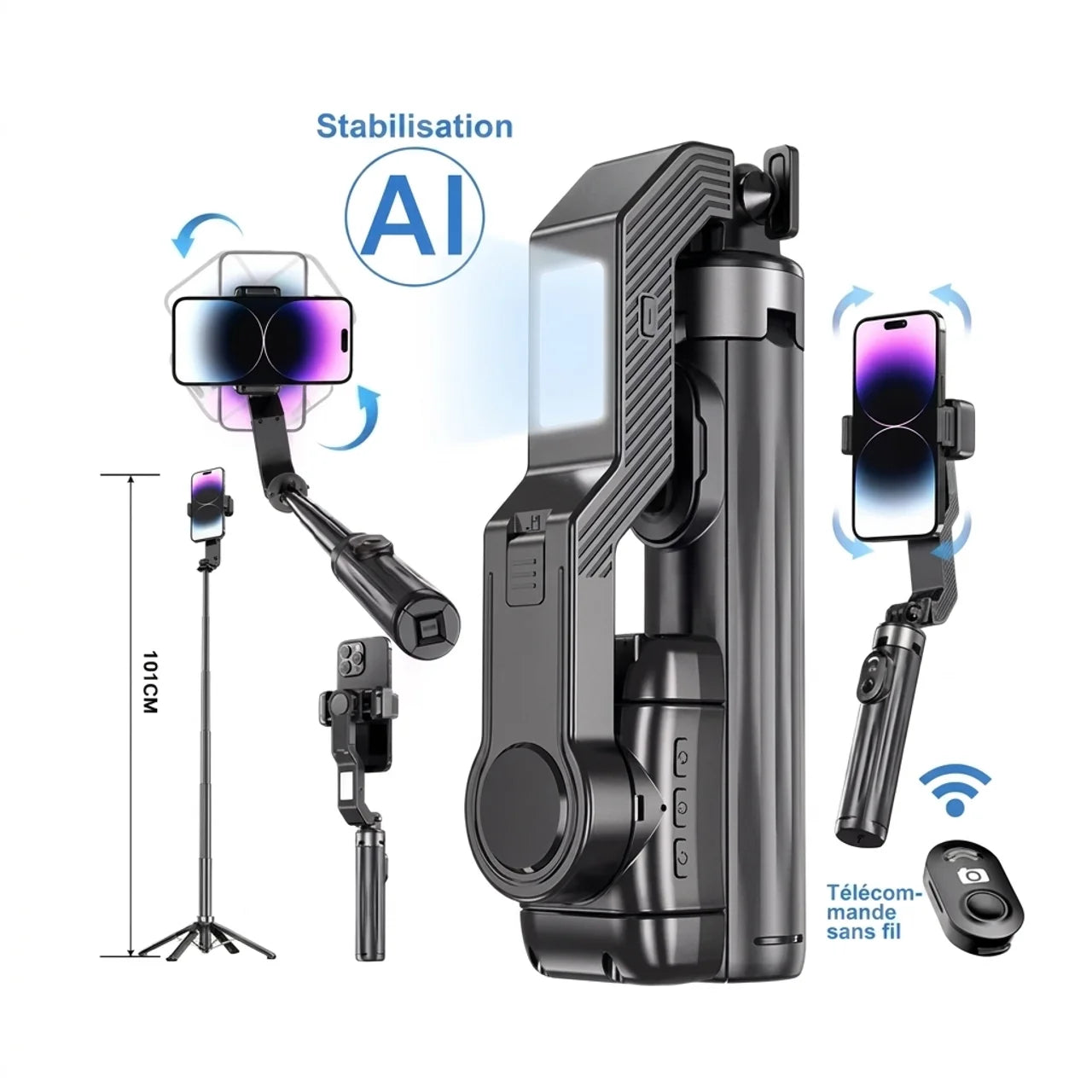 Stabilisateur Smartphone Perche Selfie Stick et Trépié Extensible Lumière LED