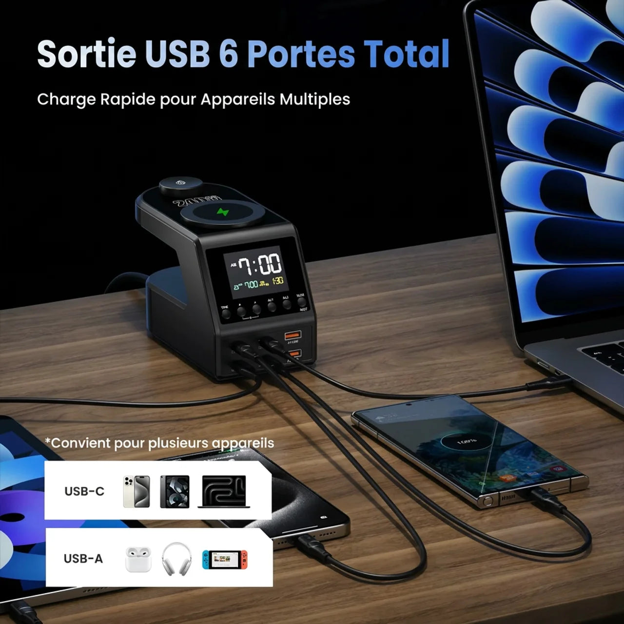 Station de Charge GaN 240W 10-en-1 Horloge & Recharge Sans Fil