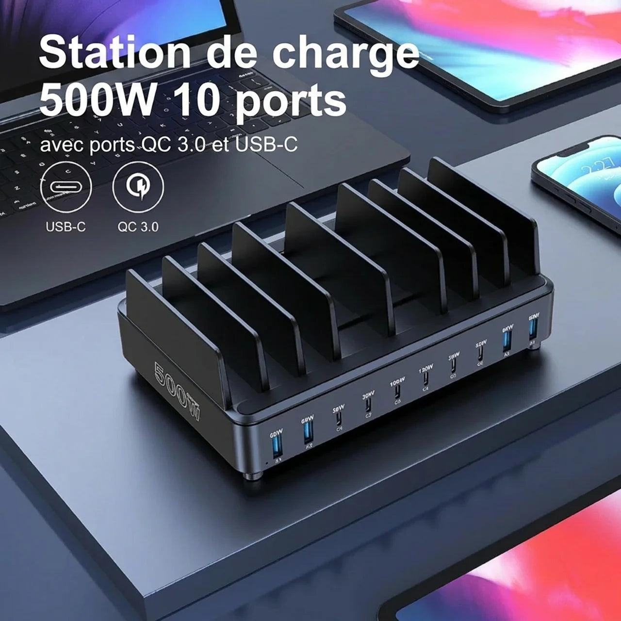Station de Charge USB-C 500W 10 Ports Charge Rapide PD 100W