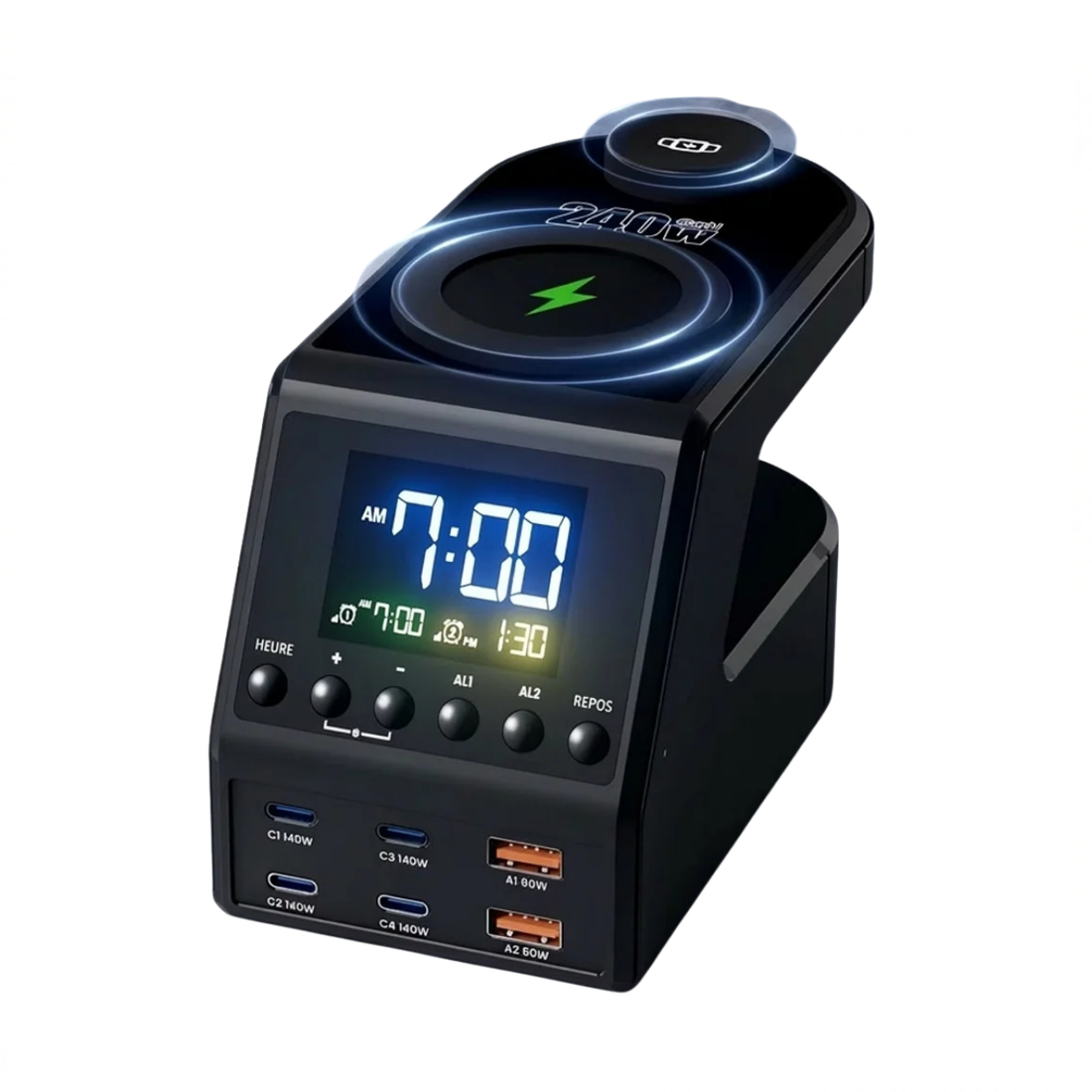 Station de Charge GaN 240W 10-en-1 Horloge & Recharge Sans Fil