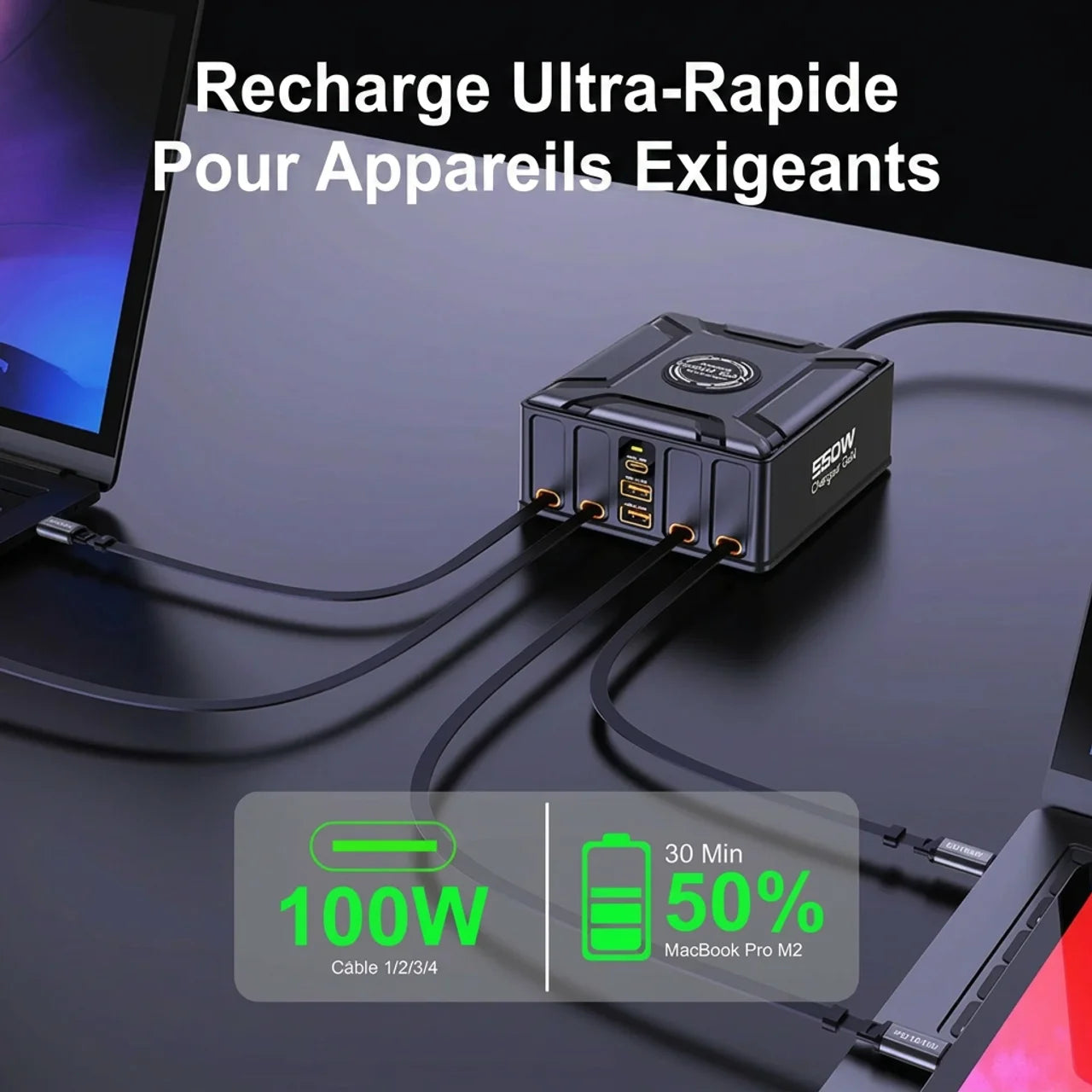 Station de Charge GaN 550W 7-en-1 avec Câbles USB-C Rétractables 100W