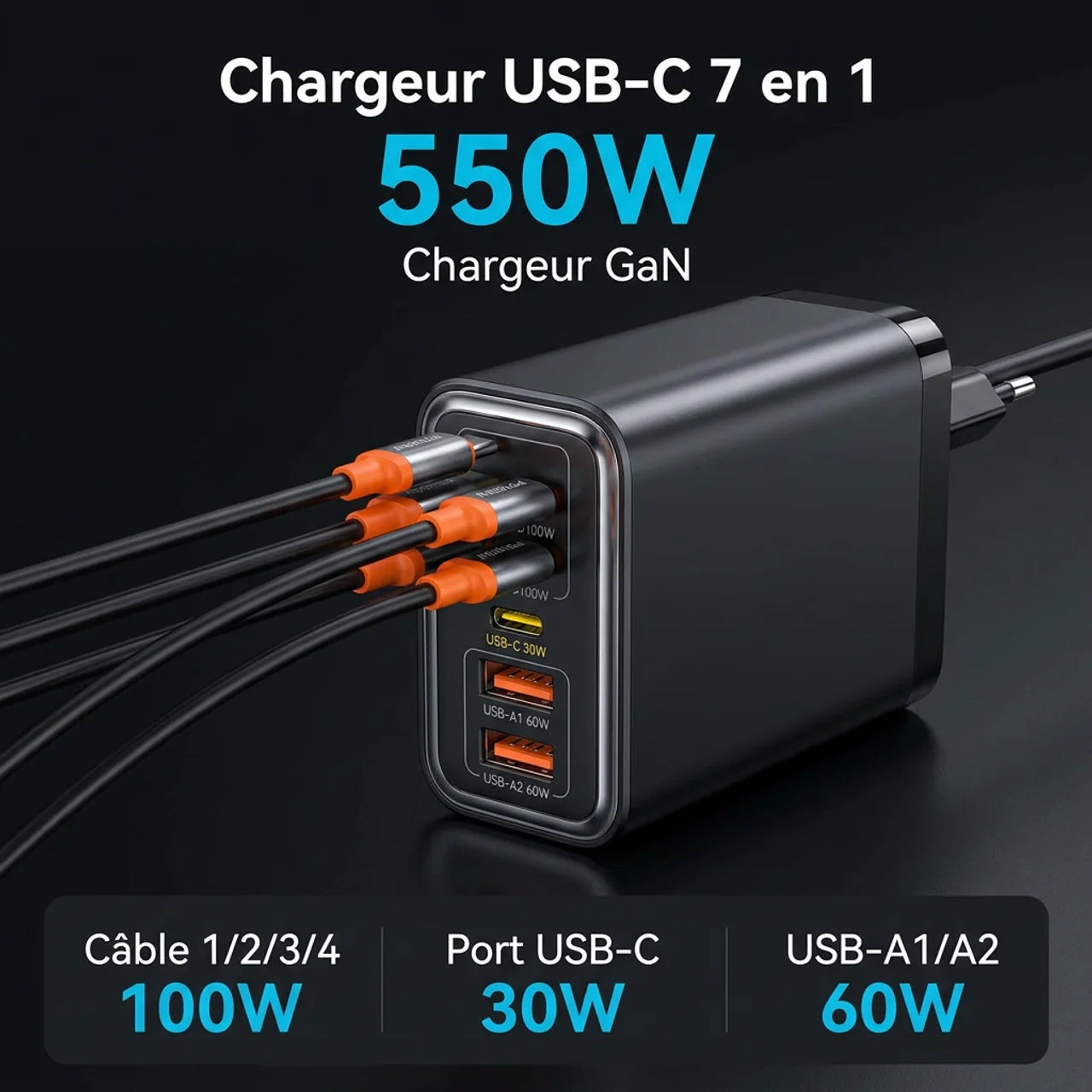 Station de Charge GaN 550W 7-en-1 avec Câbles USB-C Rétractables 100W