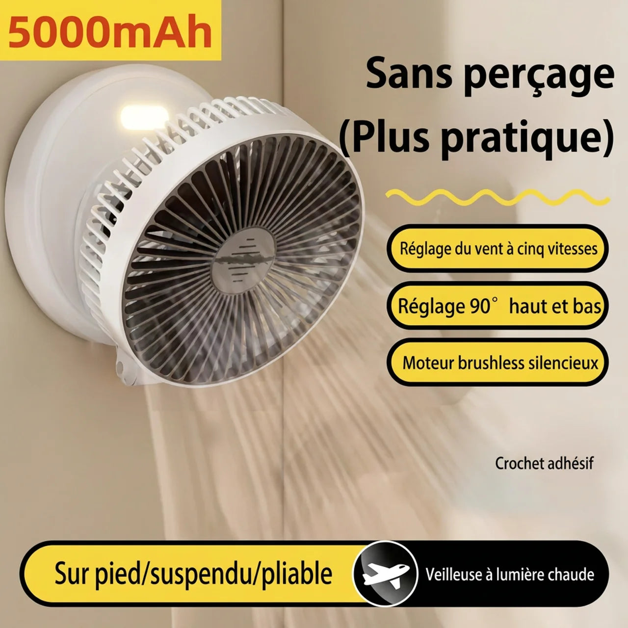 Ventilateur Pliable Mural Sans Perçage de Bureau avec Veilleuse & Aromathérapie