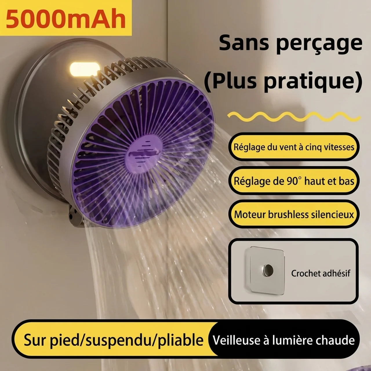 Ventilateur Pliable Mural Sans Perçage de Bureau avec Veilleuse & Aromathérapie