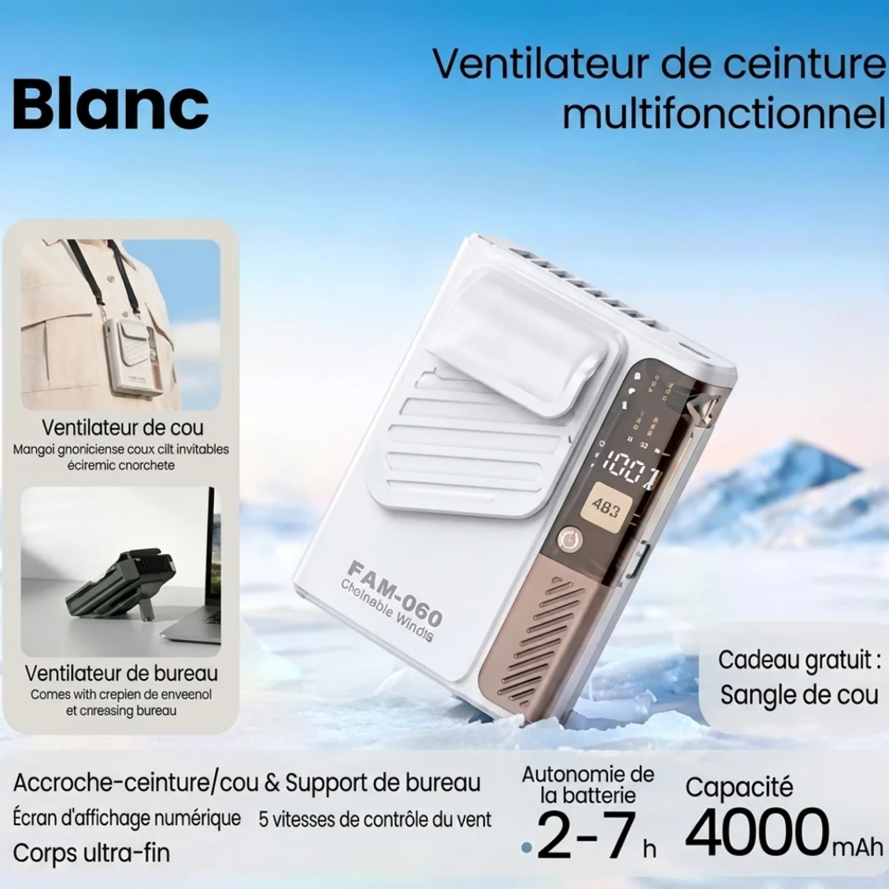 Ventilateur de Ceinture Portable 3 en 1 Rechargeable Usage Taille Cou et Bureau