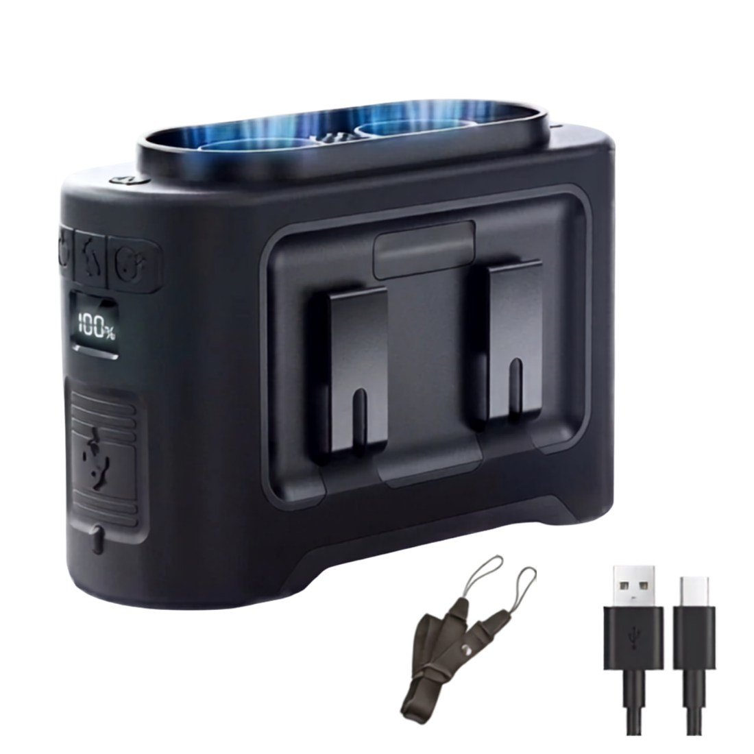 Mini Ventilateur de Cou Suspendu Double Turbo Lampe de Poche et Fonction Power Bank