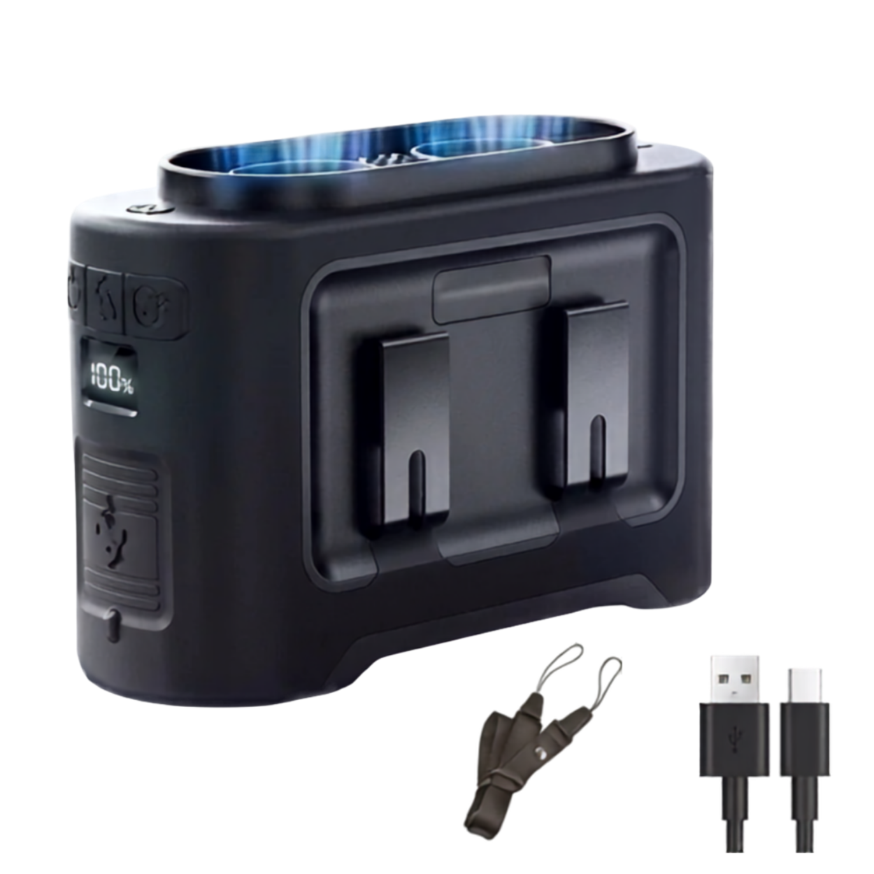 Mini Ventilateur de Cou Suspendu Double Turbo Lampe de Poche et Fonction Power Bank