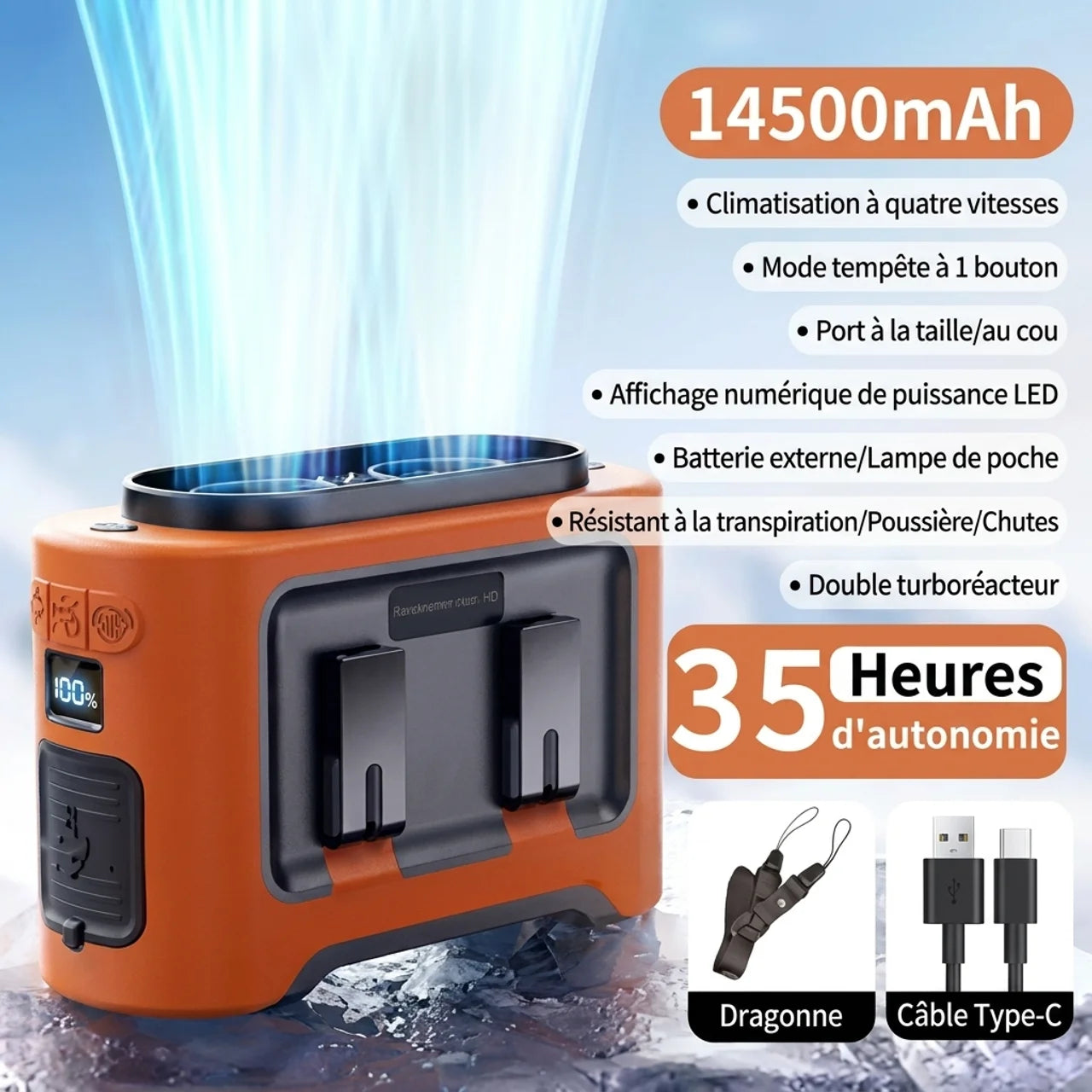 Mini Ventilateur de Cou Suspendu Double Turbo Lampe de Poche et Fonction Power Bank