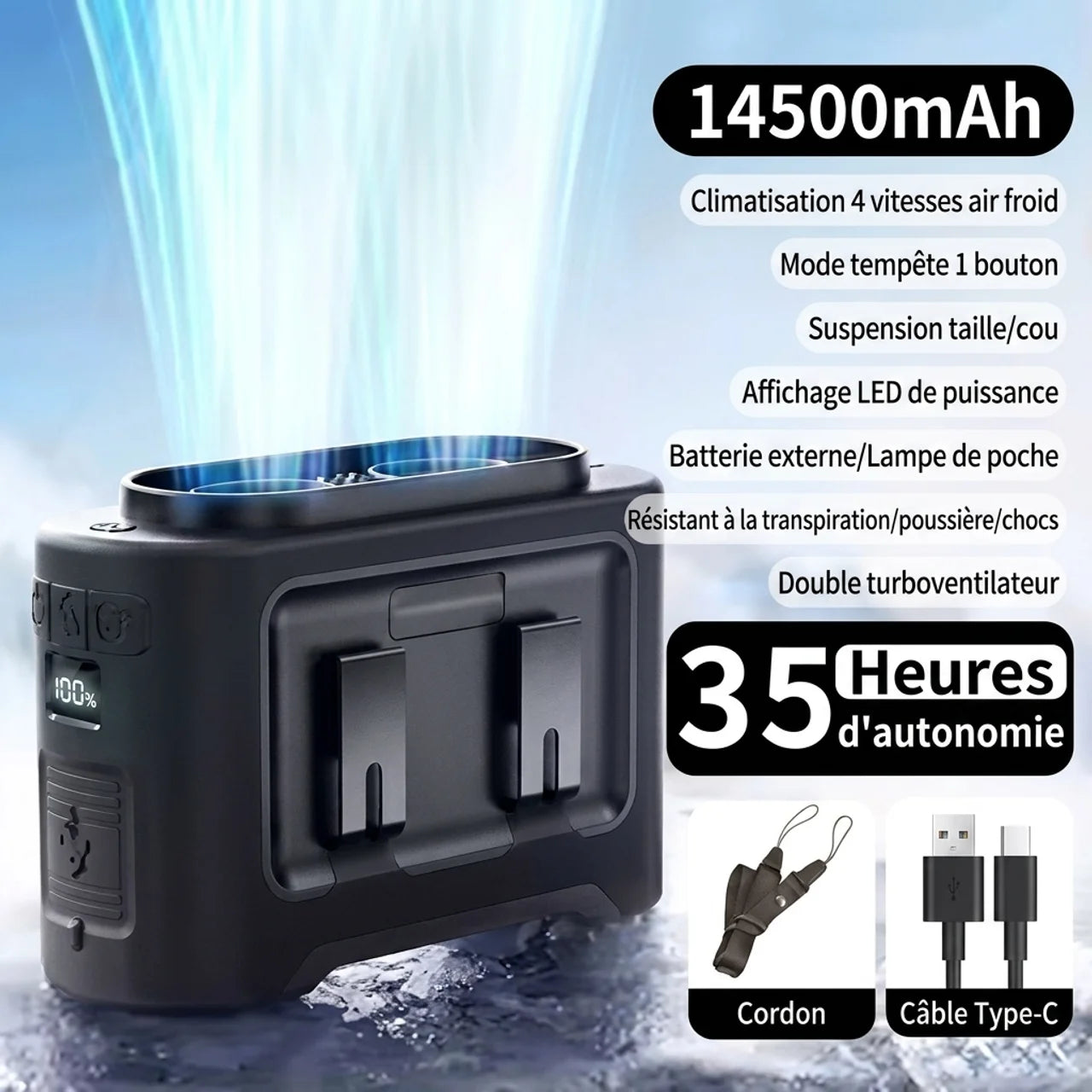 Mini Ventilateur de Cou Suspendu Double Turbo Lampe de Poche et Fonction Power Bank
