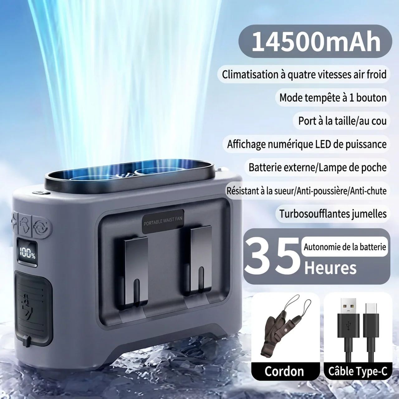 Mini Ventilateur de Cou Suspendu Double Turbo Lampe de Poche et Fonction Power Bank