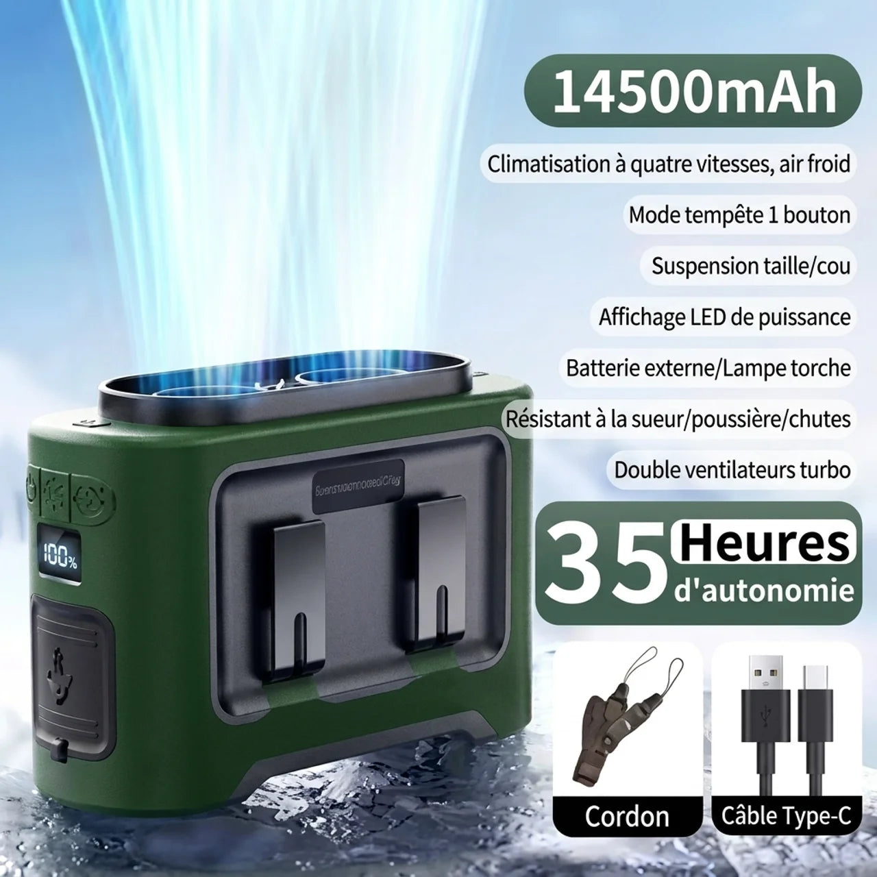 Mini Ventilateur de Cou Suspendu Double Turbo Lampe de Poche et Fonction Power Bank
