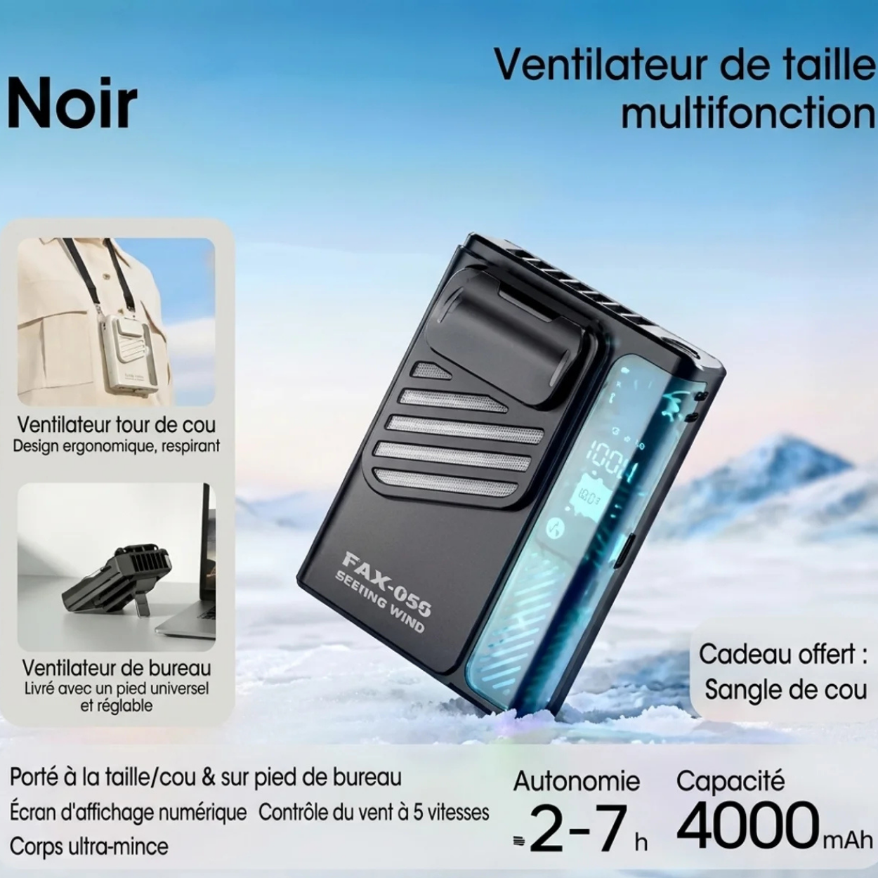 Ventilateur de Ceinture Portable 3 en 1 Rechargeable Usage Taille Cou et Bureau